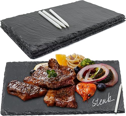 Enkrio Juego de 4 tablas de embutidos de pizarra con tiza bandeja de servir pizarra natural tablas de cortar pizarra platos de pizarra para tapete