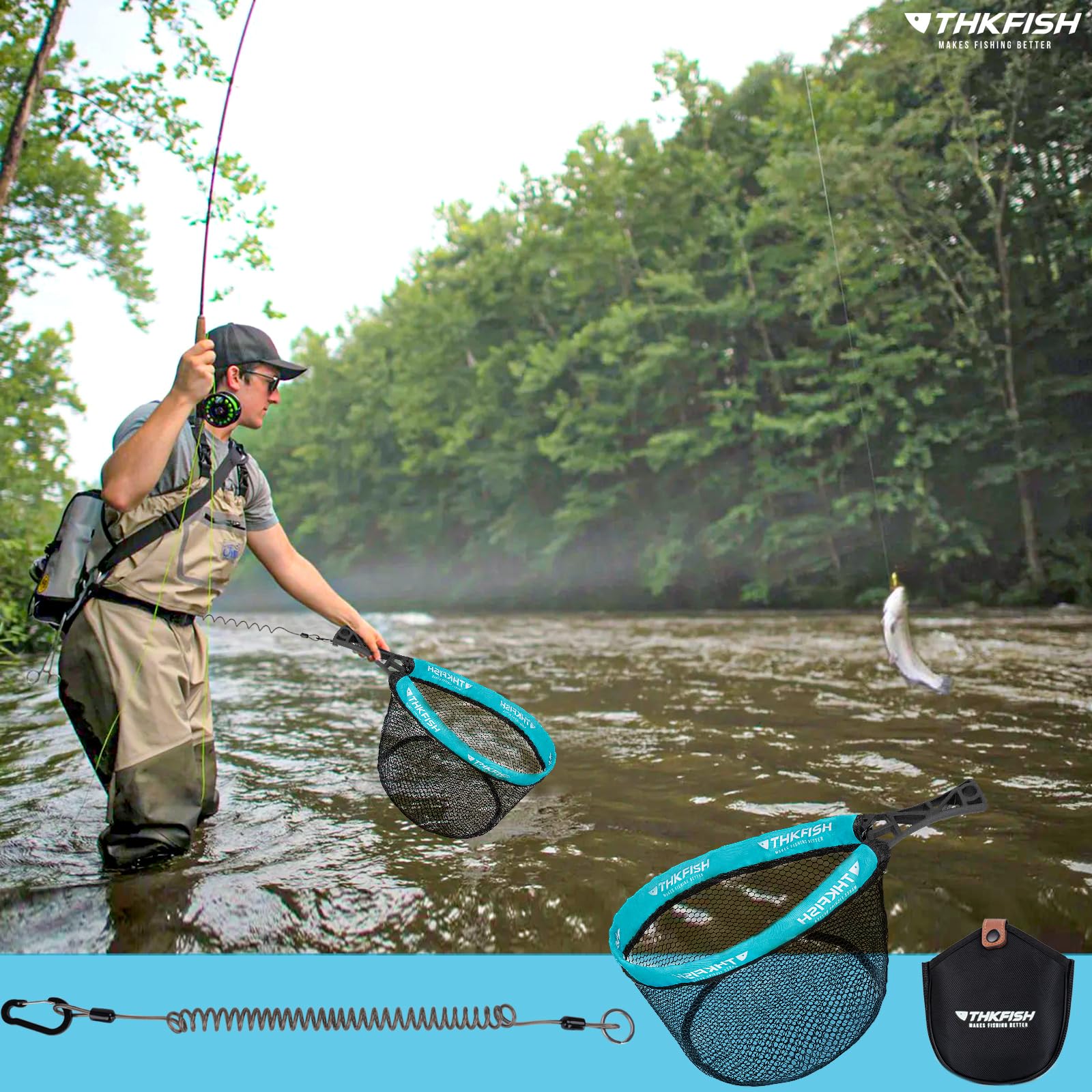 THKFISH Épuisette de pêche à la mouche pliable avec poignée en ABS, filet en maille revêtue de caoutchouc avec sac de pêche pour attraper et relâcher la truite, équipement de pêche à la mouche