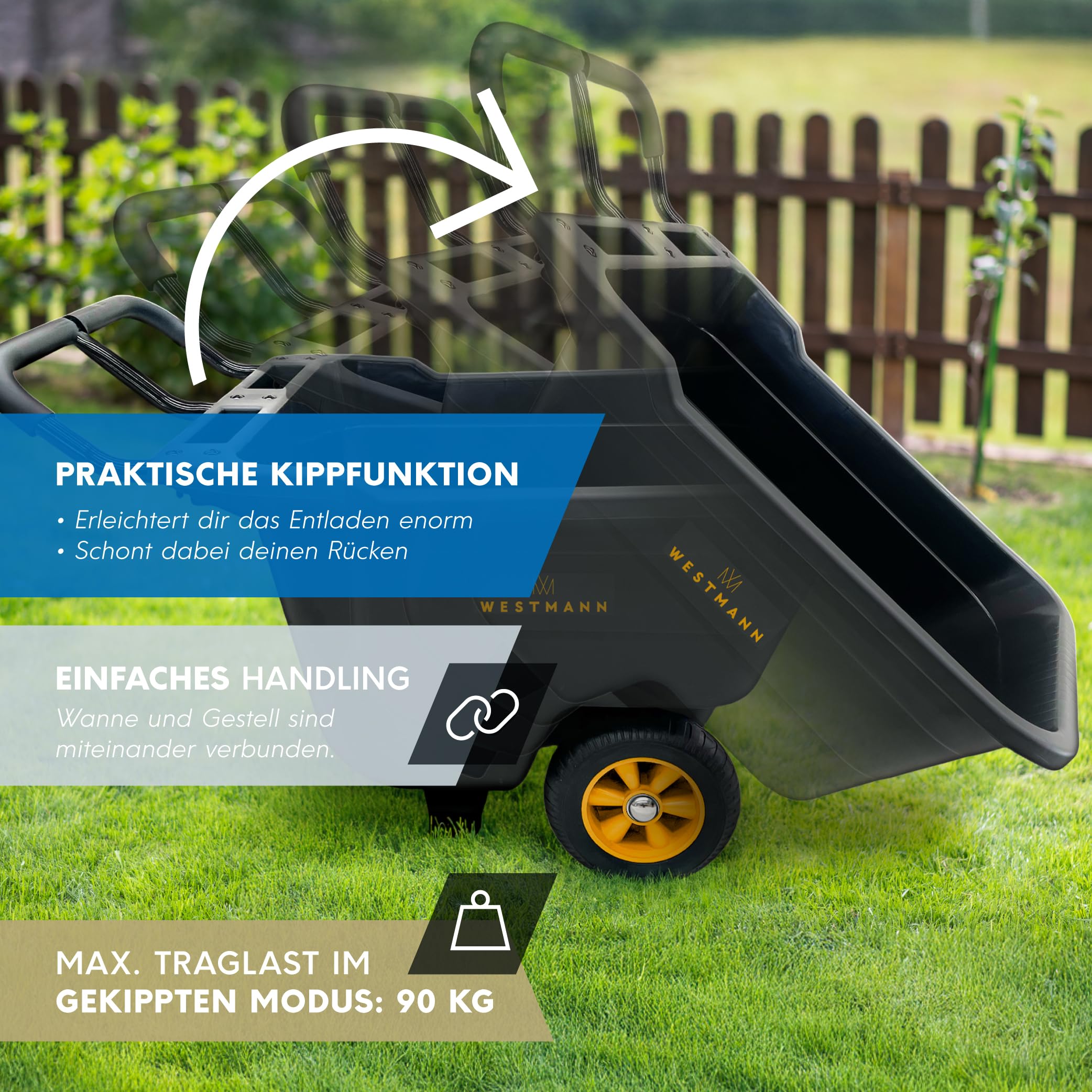 Westmann Prakta S Schubkarre | Kunststoffwanne mit Stahlrahmen | Luftreifen & Kippfunktion | 90 L | Traglast 150 kg (90 L)