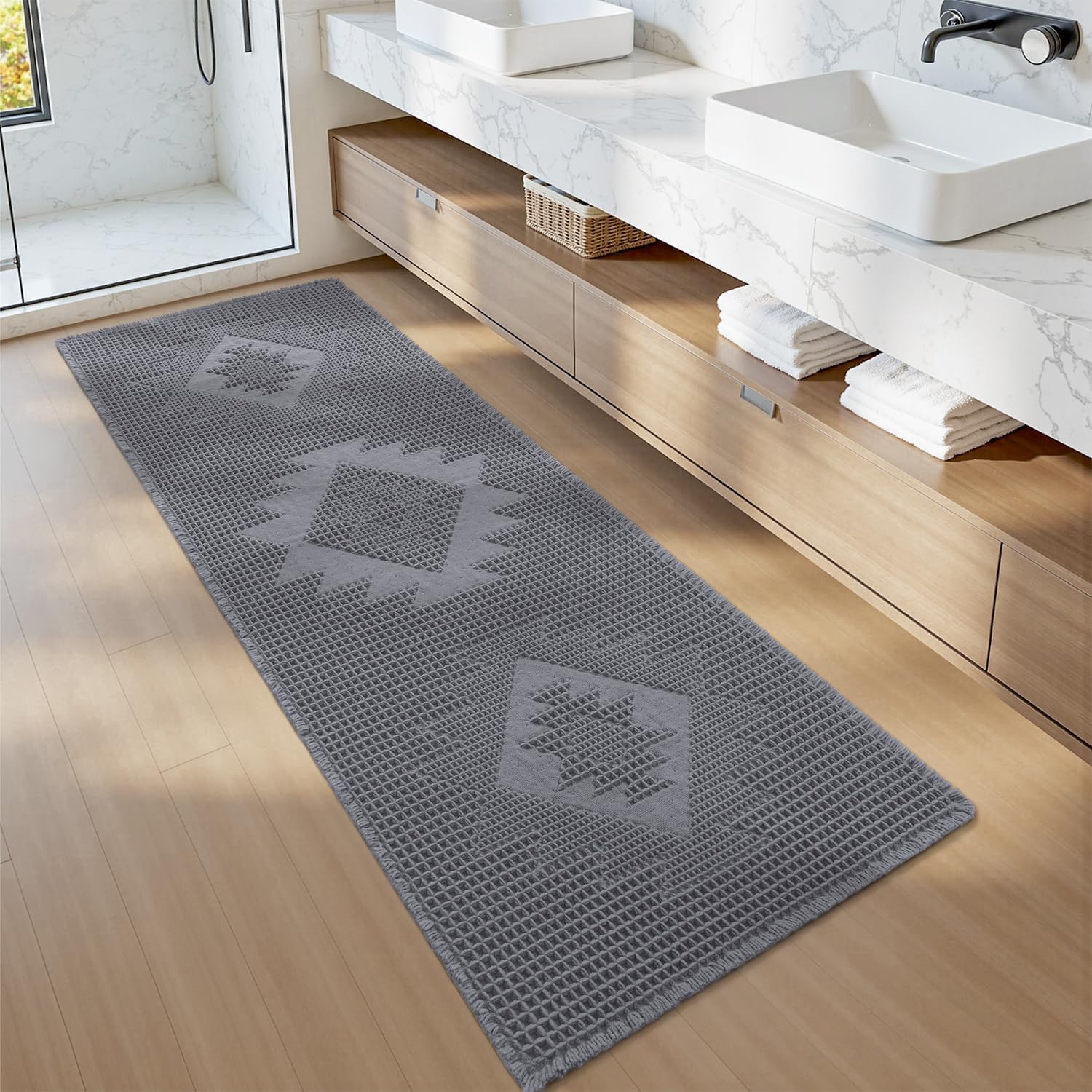 COCOER Waffle Bathroom Runner Rug, Super Absorbent Bath Mat, Machine Washable Non Slip Bath Rug with Tassels, Soft Bathroom Mat for Laundry Room Bedside Hallway, Grey 24" x 72" Grey 2' x 6'