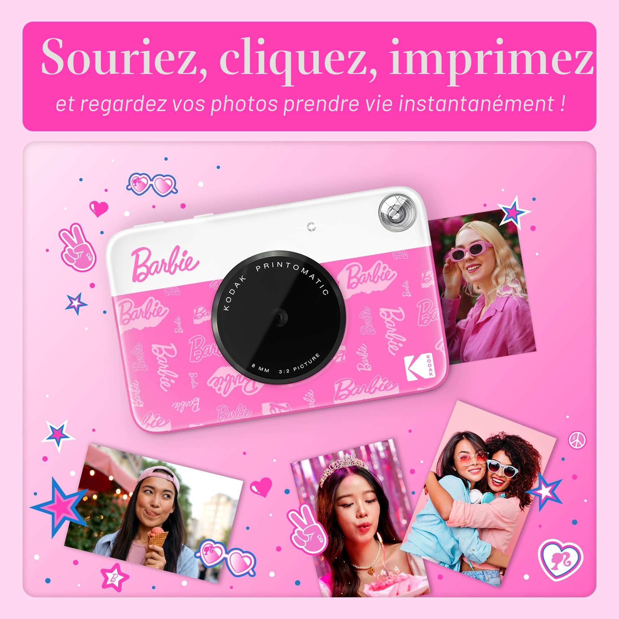 Kodak x Barbie Printomatic Appareil Photo numérique instantané Couleur Appareil Portable Barbie 5 MP, Zink 2x3 (5,1 x 7,5 cm) Papier Photo à Dos adhésif, Style Signature