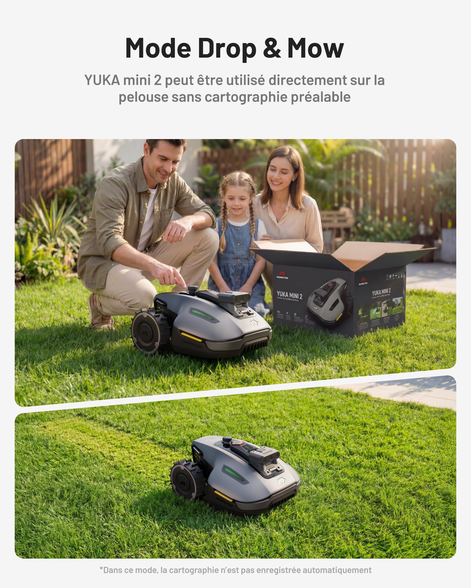 MAMMOTION YUKA mini 2 500 Mähroboter ohne Begrenzungskabel, Empf. 500 m², Kein RTK, Kein Signalabbruch, KI TrueVision-Navigation, Auto-Mehrzonen-Kartierung, DropMow, RWD für 45% Steigung, 4.5Ah-Akku - 4