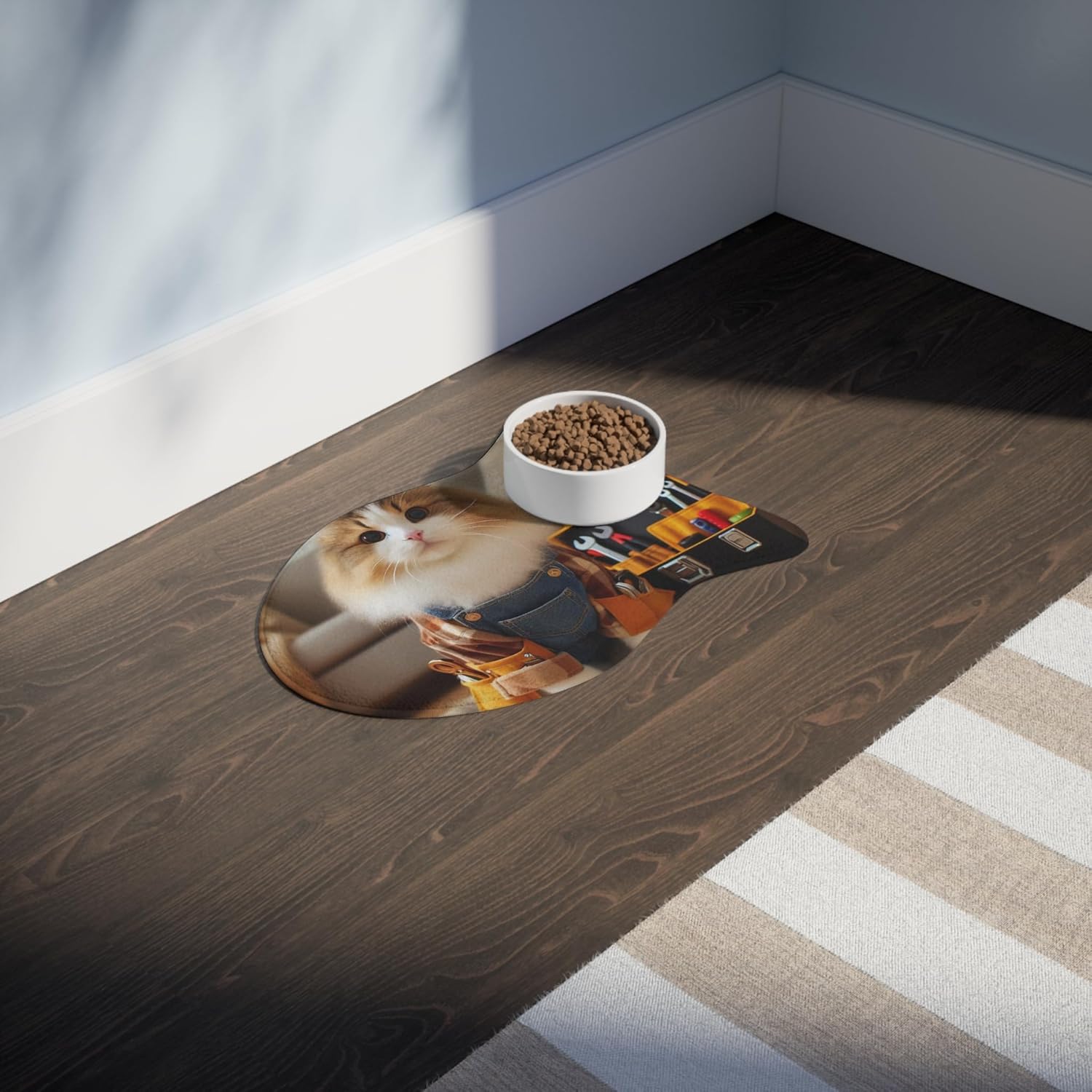 Realistic Plumber Cat Vibrant Colors Anti-Slip Pet Feeding Mat with Memory Foam Core