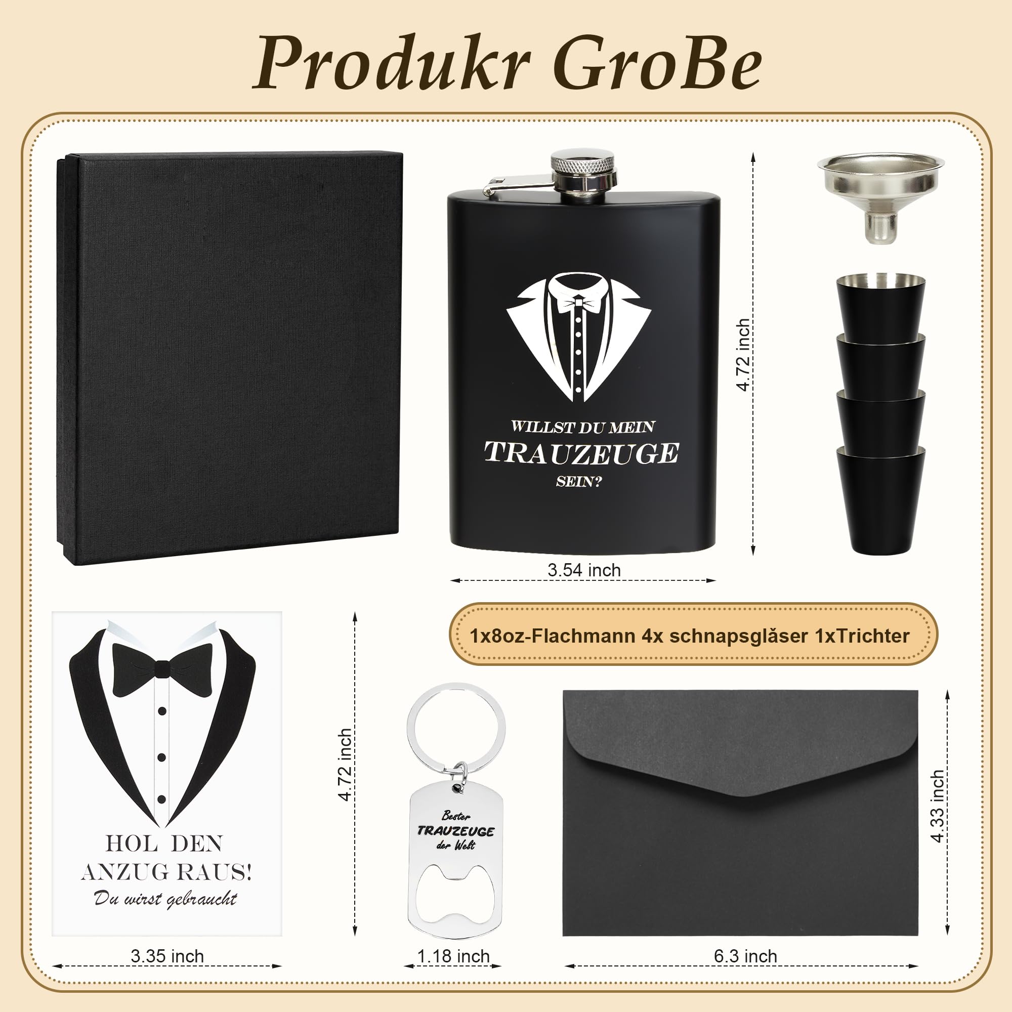 Flachmann mit Gravur 8oz Edelstahl Geschenkset für Trauzeuge und Trauzeugin, Schwarze Geschenkbox mit 4 Bechern und Trichter, Personalisiertes Hochzeitsgeschenk für Männer und Frauen, BLACK