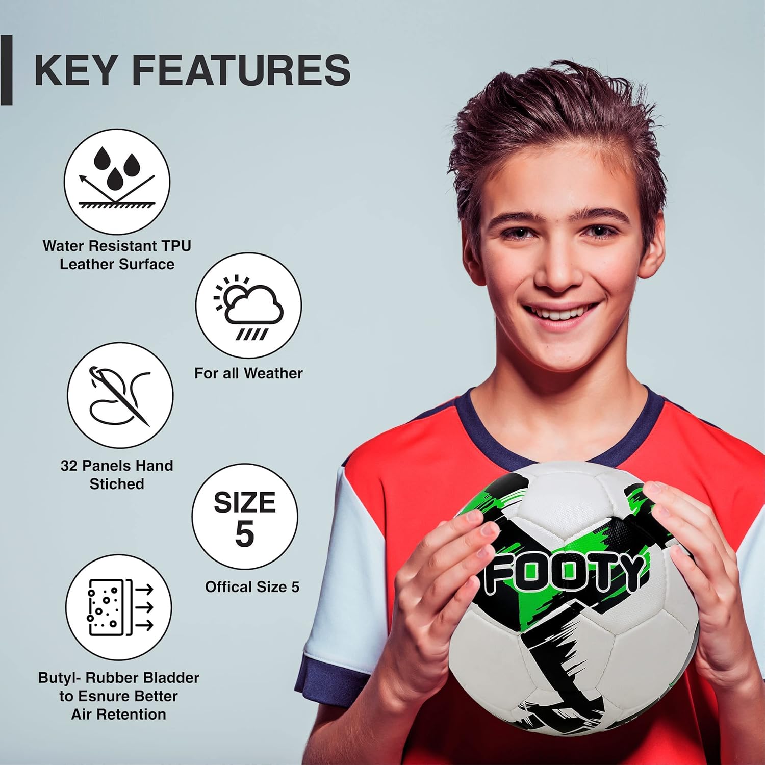 Footy - Size 5 Leather Soccer Ball with Pump - Professional Youth Training Ball