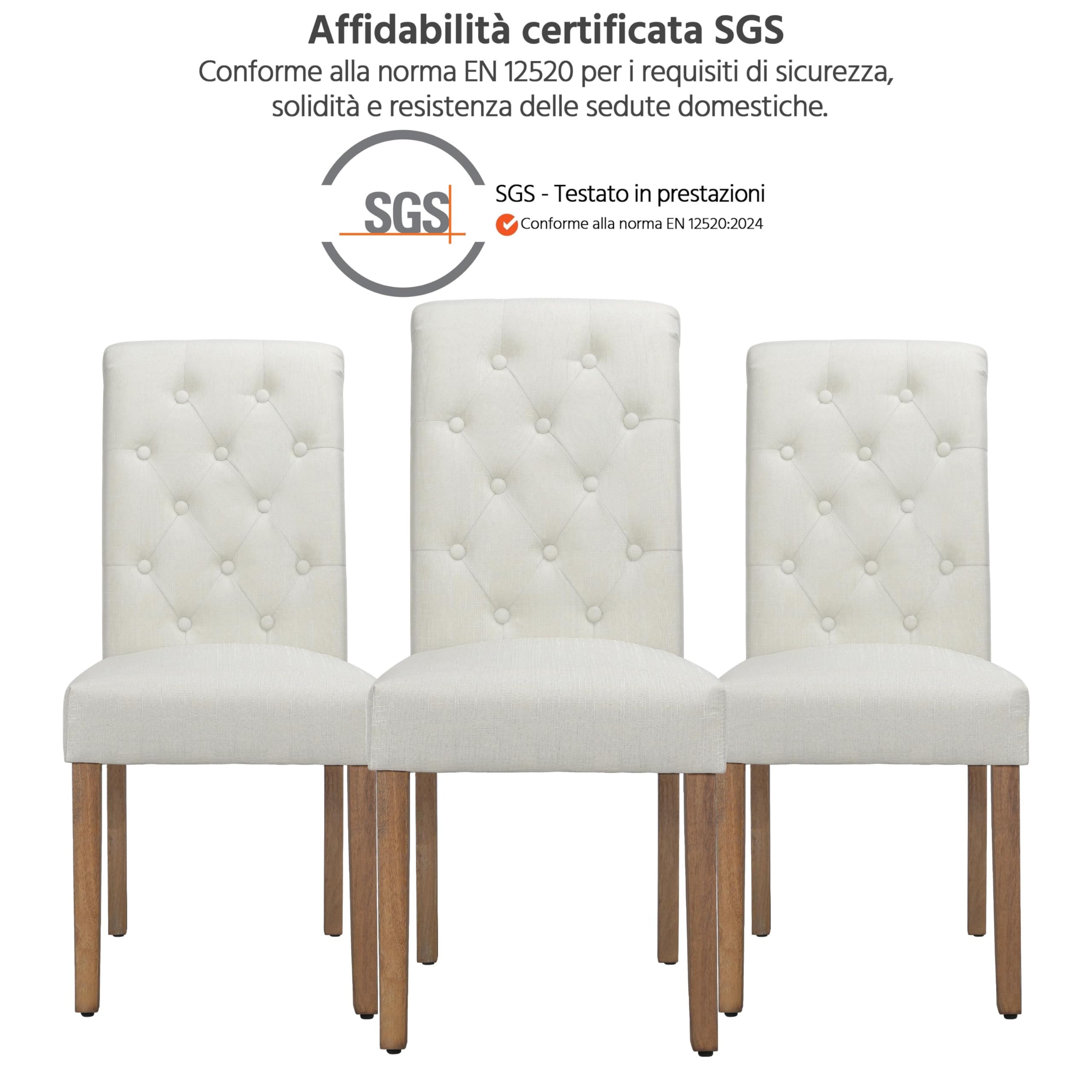 Yaheetech Set 6 Sedie Imbottite Sala da Pranzo con Schienale Alto Sedia da Cucina Gambe in Legno Sedie Eleganti Massello con Bottoni per Soggiorno Camera da Letto Beige/Tessuto