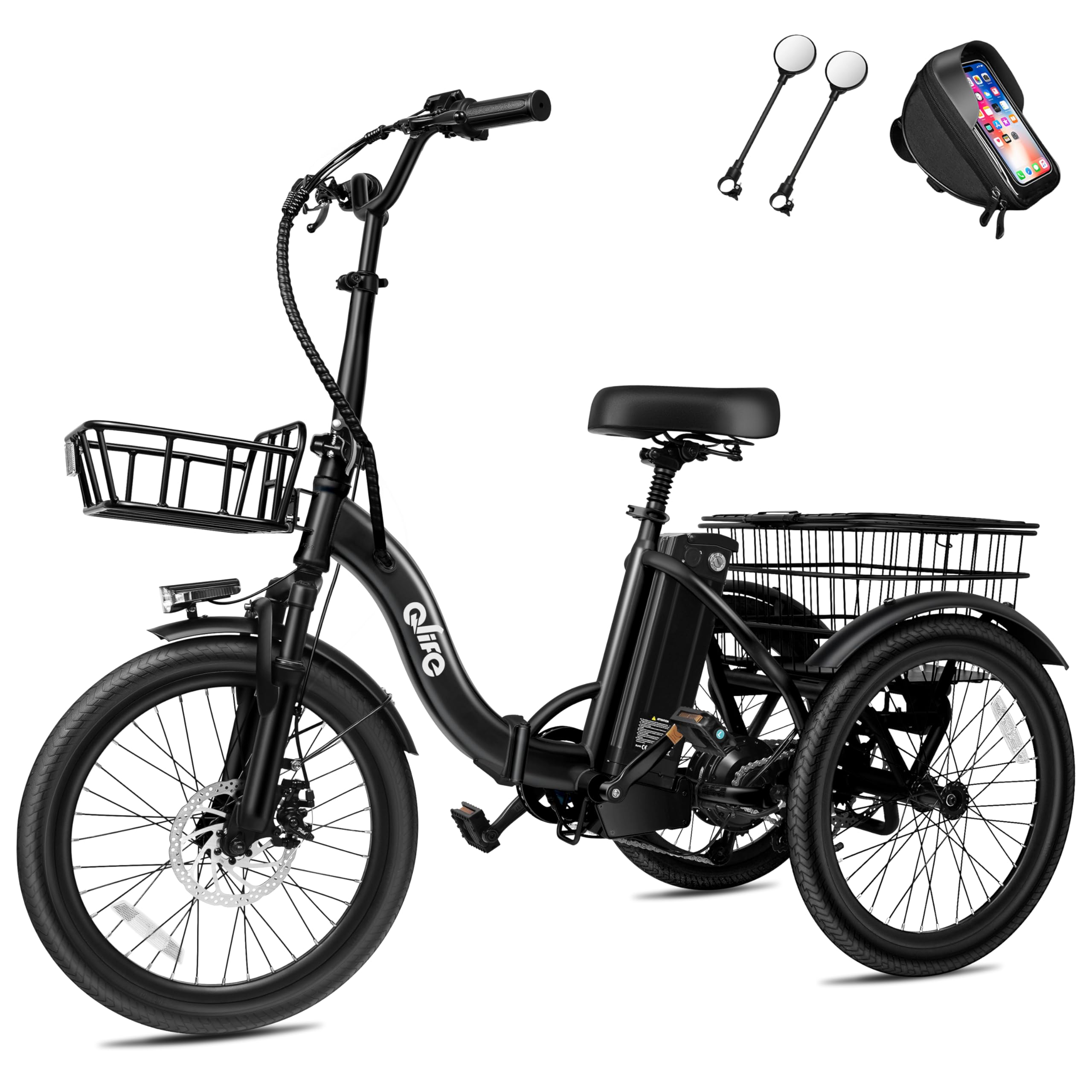 Qlife Triker Electric Bike, Peak 750W Brushless Motor Folding Trike Ebike, 468Wh Removable Battery, Step-Thru 3 Wheel Electric Bicycle, Up to 50 Miles, 20 Tire Tricycle for Adults