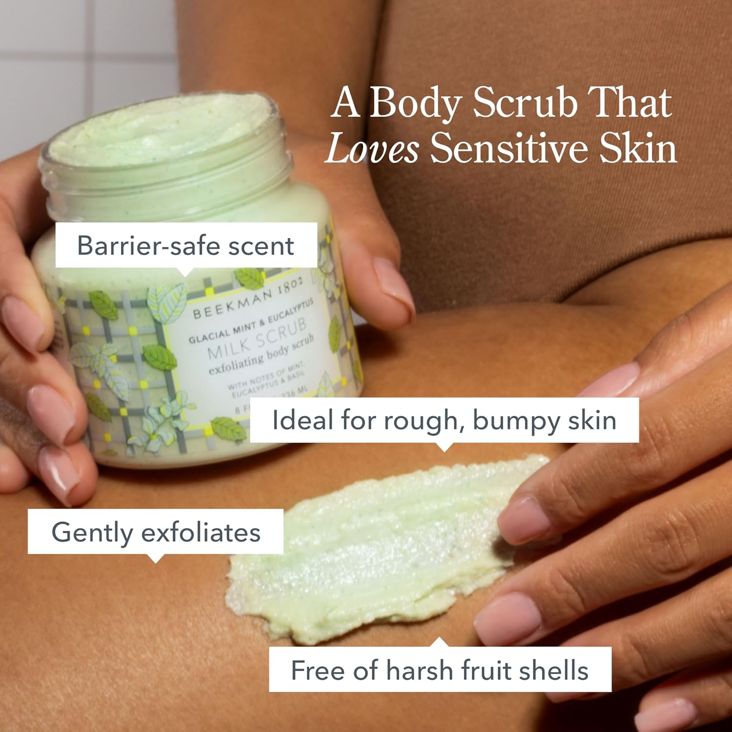 Beekman 1802 Glacial Mint & Eucalyptus Exfoliating Milk Body Scrub - 8.0 fl oz - Smooths & Evens Out Tone - With Goat Milk & Jojoba Beads - Skin Barrier Safe - Good for Sensitive Skin - Cruelty Free