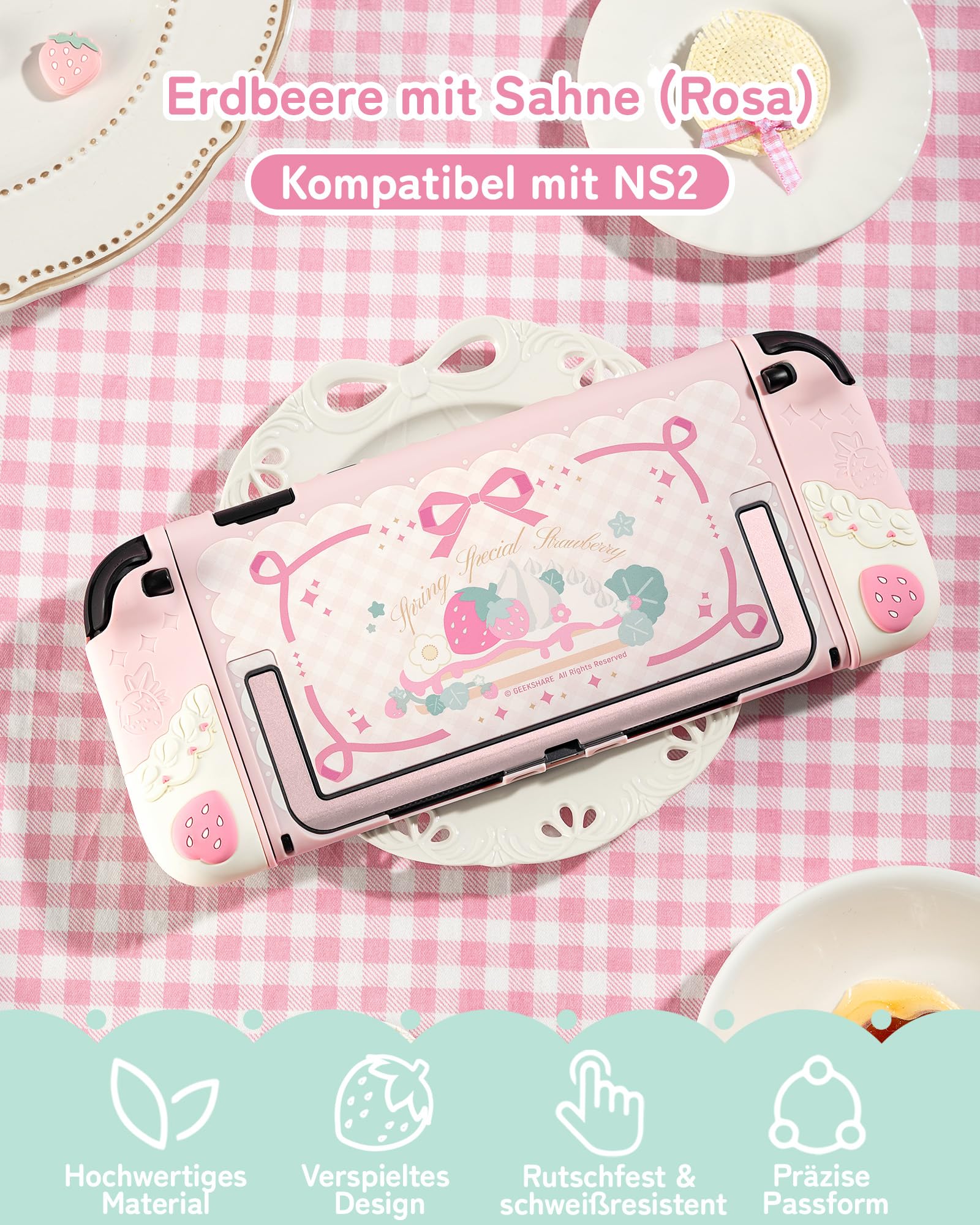 GeekShare Soft Silikon Schutzhülle für Switch 2(2025), Trennbare Schutzhülle, Kratzfeste Switch 2 Hülle, mit 2 Daumen Griffkappen (Sahne-Erdbeere (Rosa))