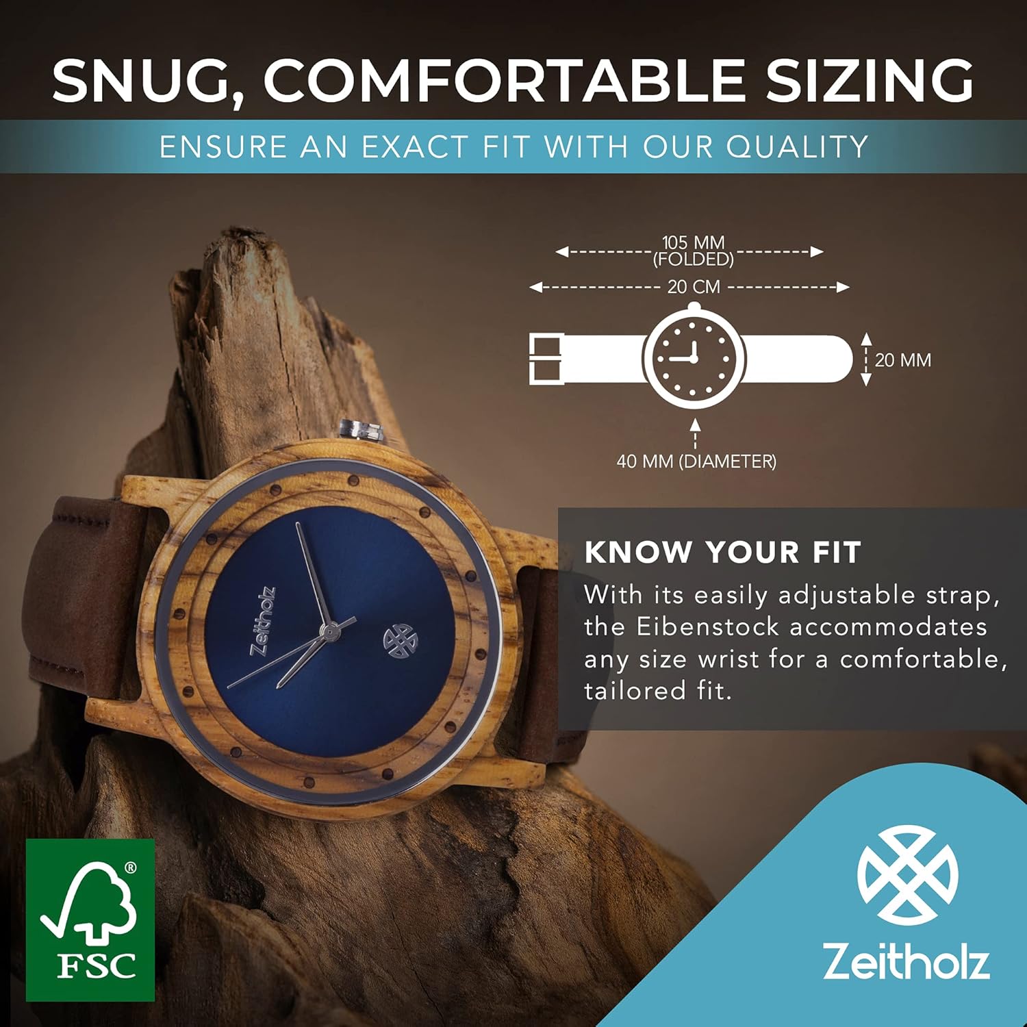 Zeitholz Unisex Wooden Watch - Eibenstock Model, Handmade from 100% Natural Zebrawood with Quartz Movement - Lightweight Analog Wooden Watch for Men and Women - Adjustable Band Fits Any Wrist