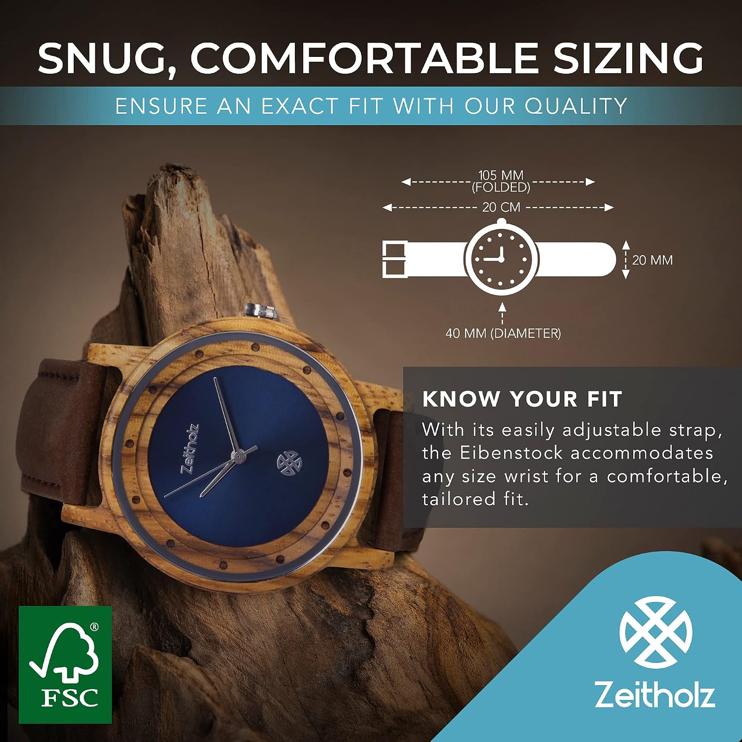 Zeitholz Unisex Wooden Watch, Eibenstock Model, Handmade from 100% Natural Zebrawood with Quartz Movement - Image 4