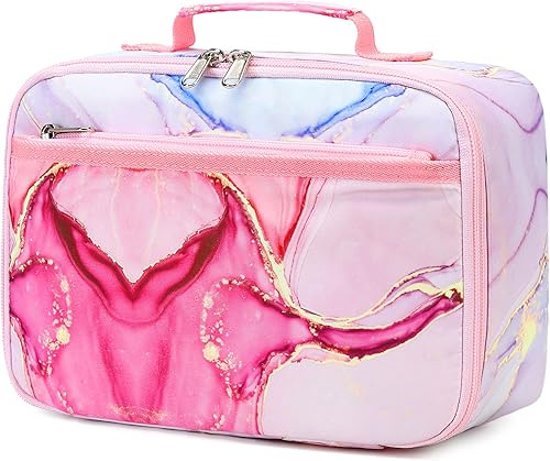 LOIDOU Lonchera térmica con aislamiento térmico para niños y niñas, bolsas reutilizables para almuerzos para la escuela y viajes (rosa mármol)
