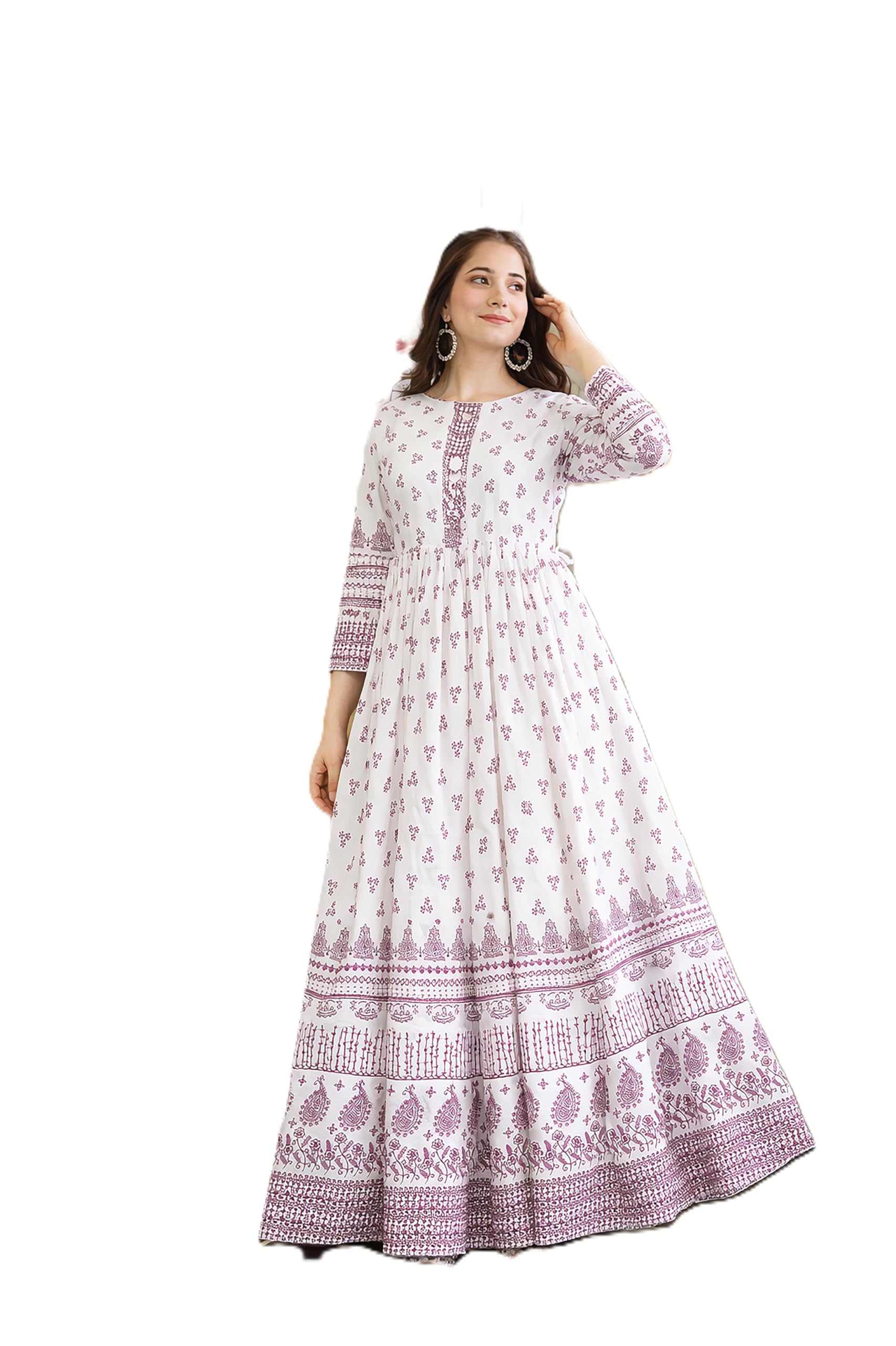 Women's Printed Anarkali Kurta, Ethnic Long Dress, 3/4 Sleeves, Round Neck, Flared Hem (in, Alpha, XL, Regular, Pink)-image-24