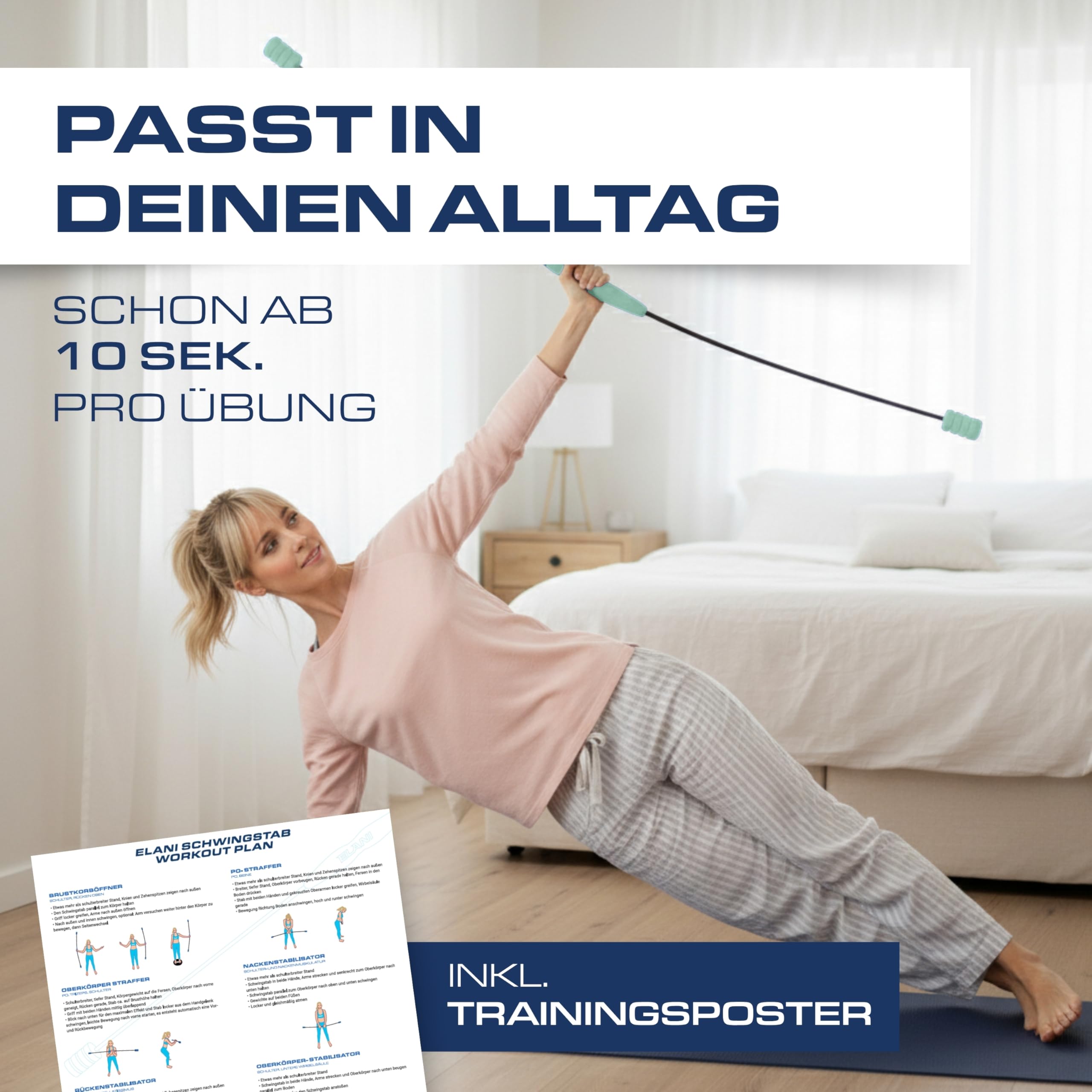 ELANI Schwingstab - Verstellbarer Widerstand & ergonomischer Griff - hochbelastbarer Gymnastikstab, auch als Physiotherapie Zubehör, Swinging Sticks, Schwingstab Fitness Testsieger, Flex Stab
