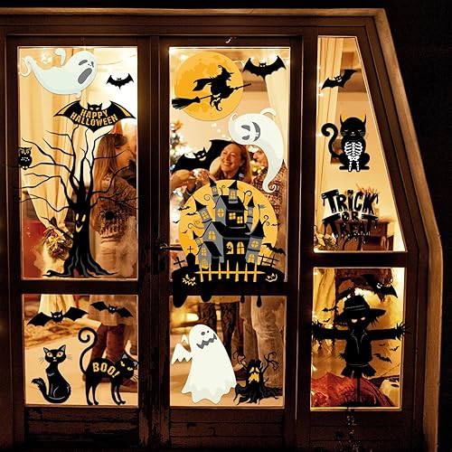 Miniatura 5 de Decoración de Halloween para decoración de Halloween, 6 hojas de cuervos de doble cara, murciélagos, arañas, fantasmas, calcomanías de vidrio