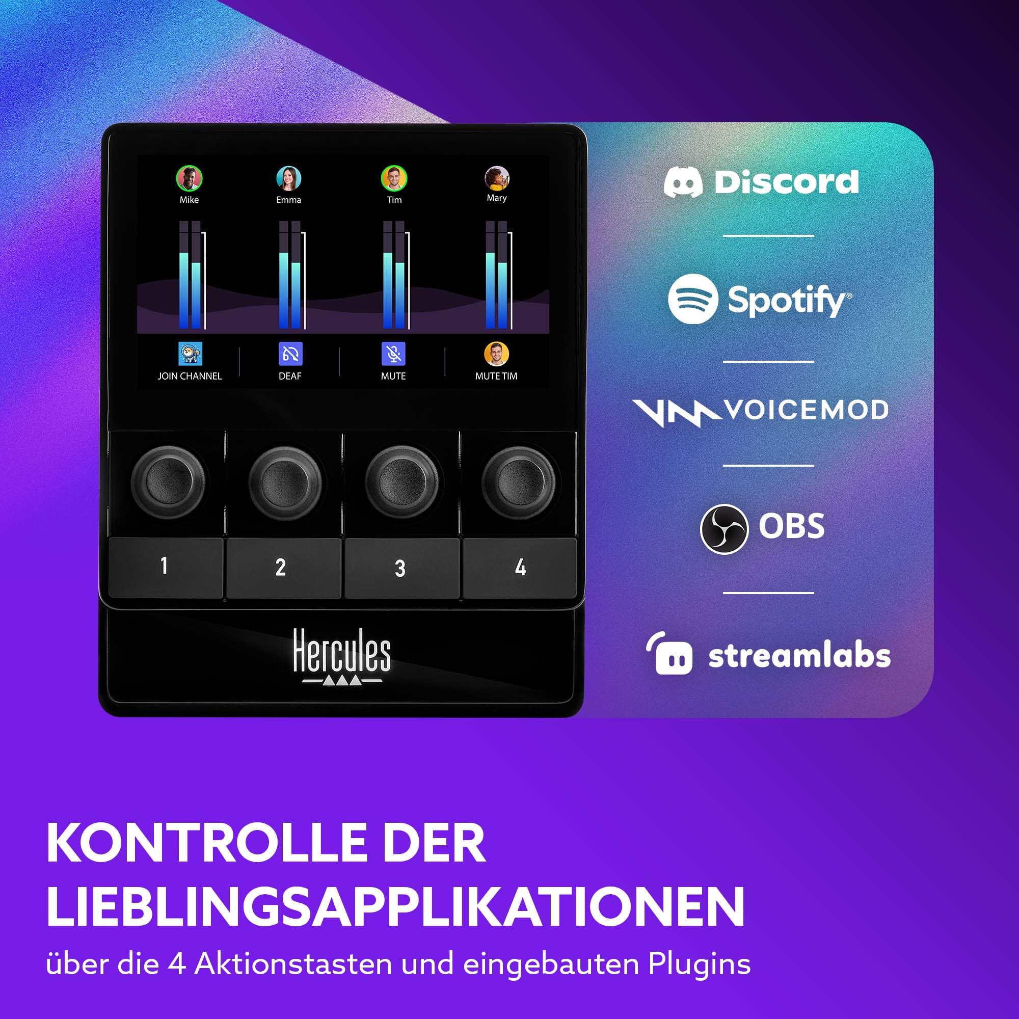 Hercules Stream Starter Kit - Stream 100 + Mikrofon HUD-600 PC | Stream-100-LCD-Controller, USB/XLR-Mikrofon HUD-600, 4 Encoder, 4 Tasten, 3 Monate Voicemod Pro inklusive