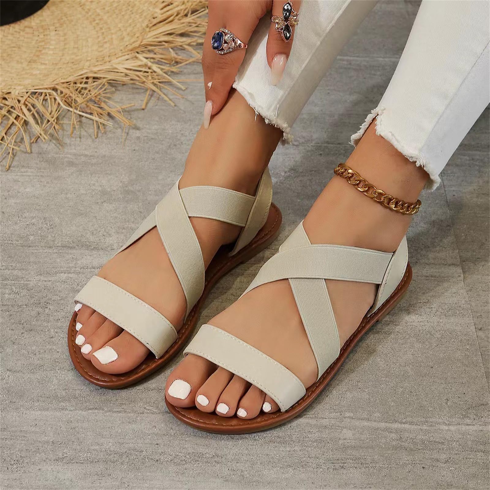 Women's Elastic Ankle Strap Flat Sandals Summer Dressy Shoes Cute Strappy Gladiator Sandal Casual Walking Slippers