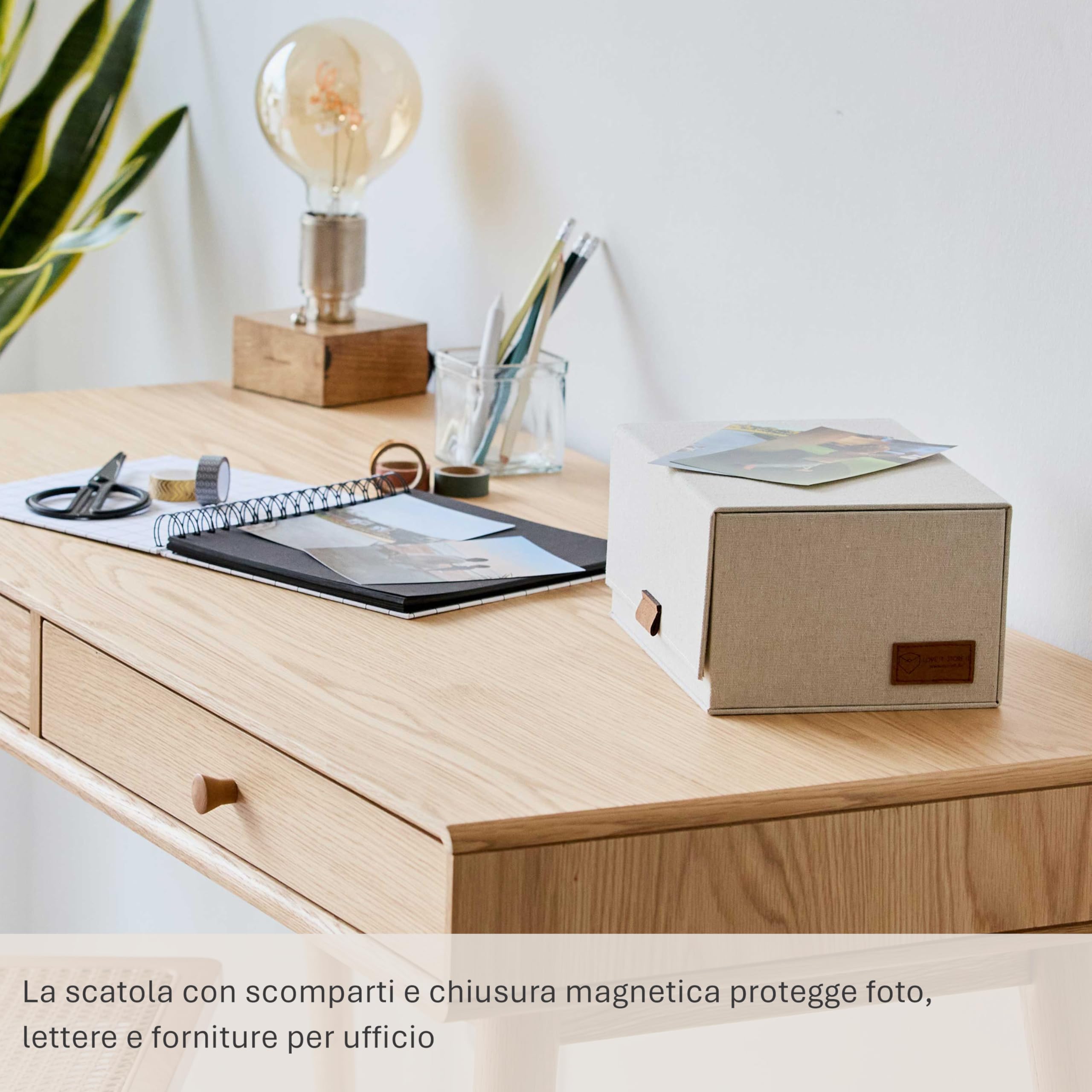LOVE IT STORE IT - Premium - Scatola porta foto 3 scomparti 28x18x12 cm con coperchio incernierato magnetico, tessuto lino, elegante per ufficio, soggiorno o studio | Organizer con 3 scomparti e coperchio ribaltabile in tessuto di lino, chiusura magnetica
