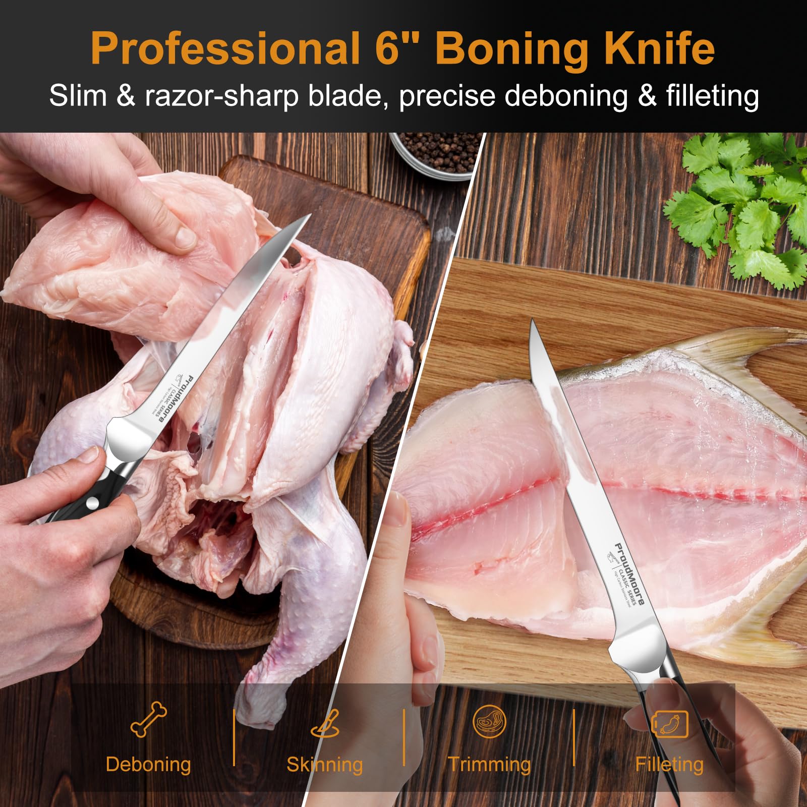 2 Pack Kitchen Knives Set, 8" Chef Knife & 6" Boning Knife, High Carbon Stainless Steel Blade with Wooden Handle, Professional Japanese Sharp Knives for Meat Cutting, Carving, Fish Fillet — Amazon image 3