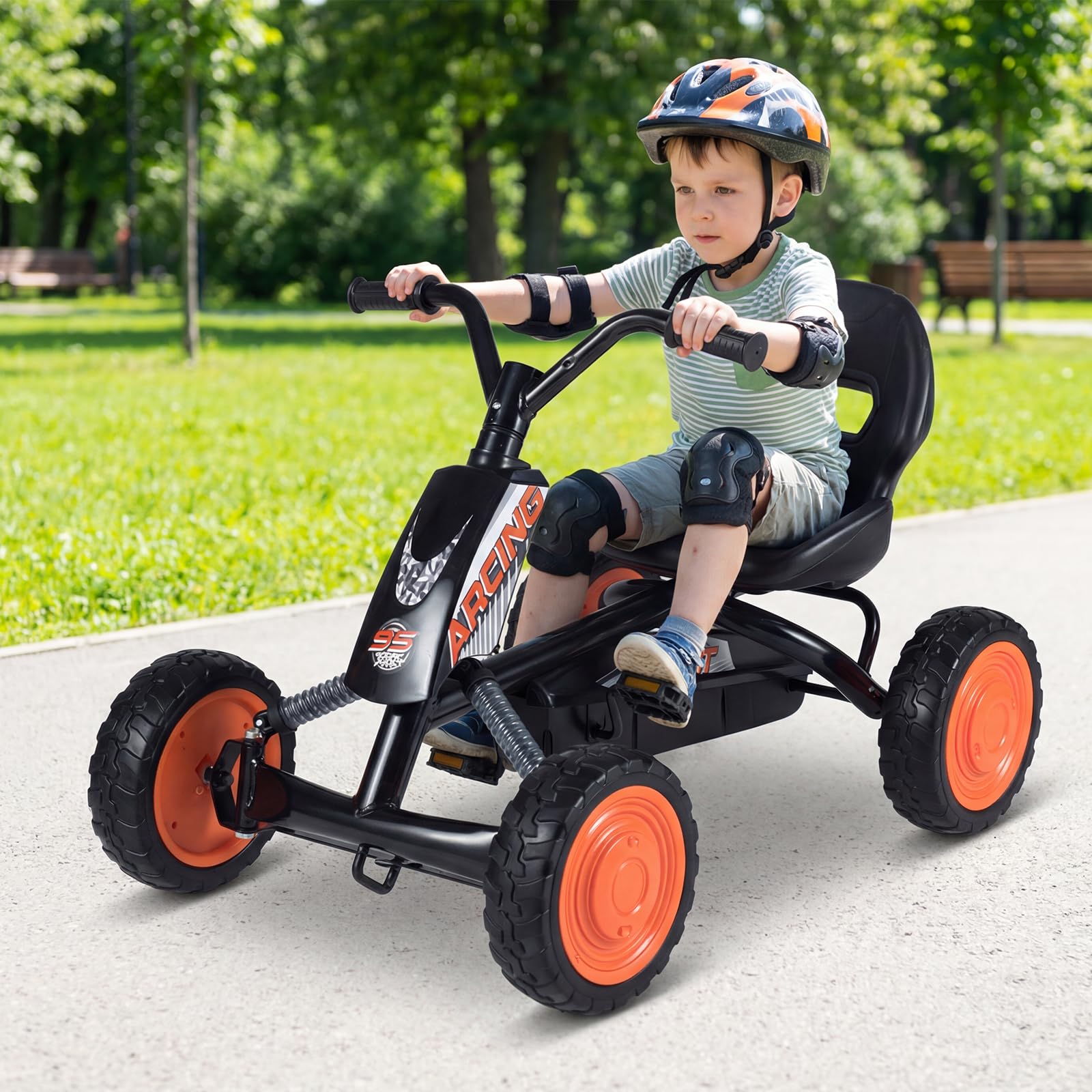 DREAMADE Kinder Go Kart, Gokart mit einstellbarem Sitz & Rückenlehne, Tretfahrzeug mit Vorwärts- & Rückwärtsfunktion & Pedal, Outdoor Tretauto mit Reifen für Kinder ab 3 Jahren (Schwarz)