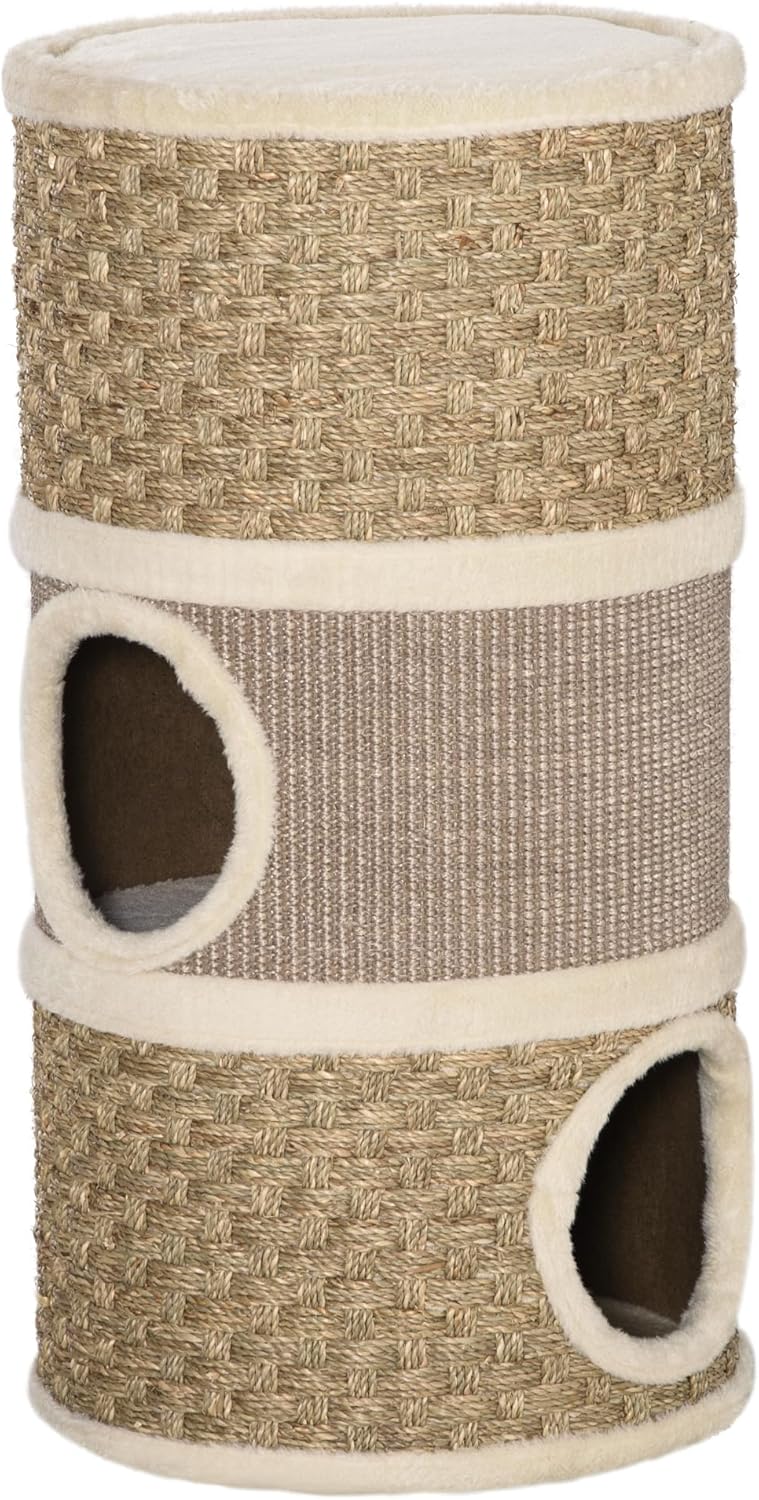 PawHut 28 Inch Cat Condo, 3 Story Cat Hideaway with Sisal Scratching Pad, Barrel Shaped Small Cat Tree for Indoor Cats, Khaki and Brown