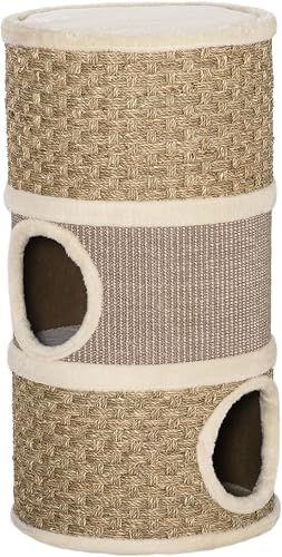 PawHut 28 Inch Cat Condo, 3 Story Cat Hideaway with Sisal Scratching Pad, Barrel Shaped Small Cat Tree for Indoor Cats, Khaki and Brown