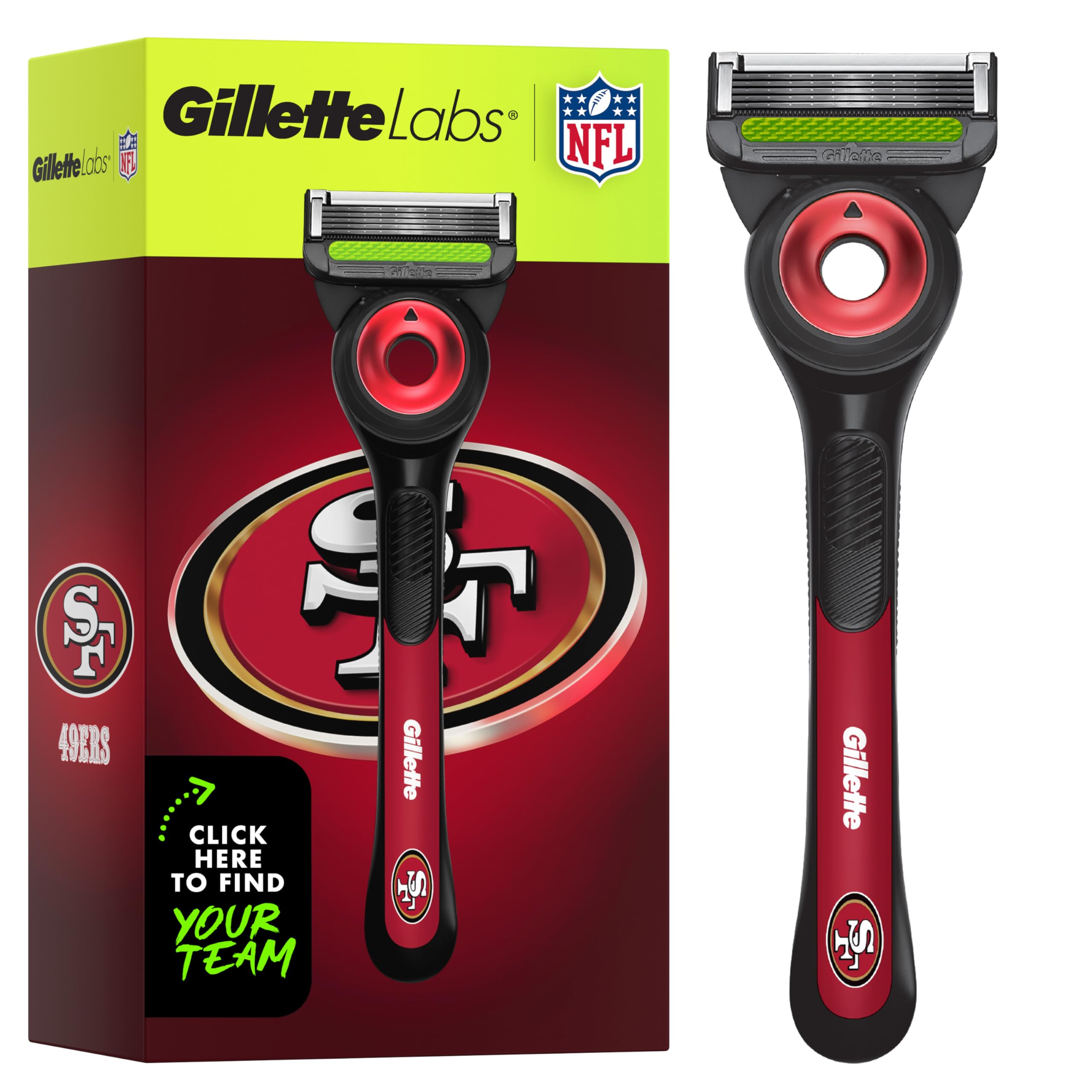 Gillette Labs Special NFL 49ers Edition Shaving Razor for Men - 1 Handle, 4 Razor Blade Refills & Magnetic Stand, GilletteLabs with Exfoliating Bar