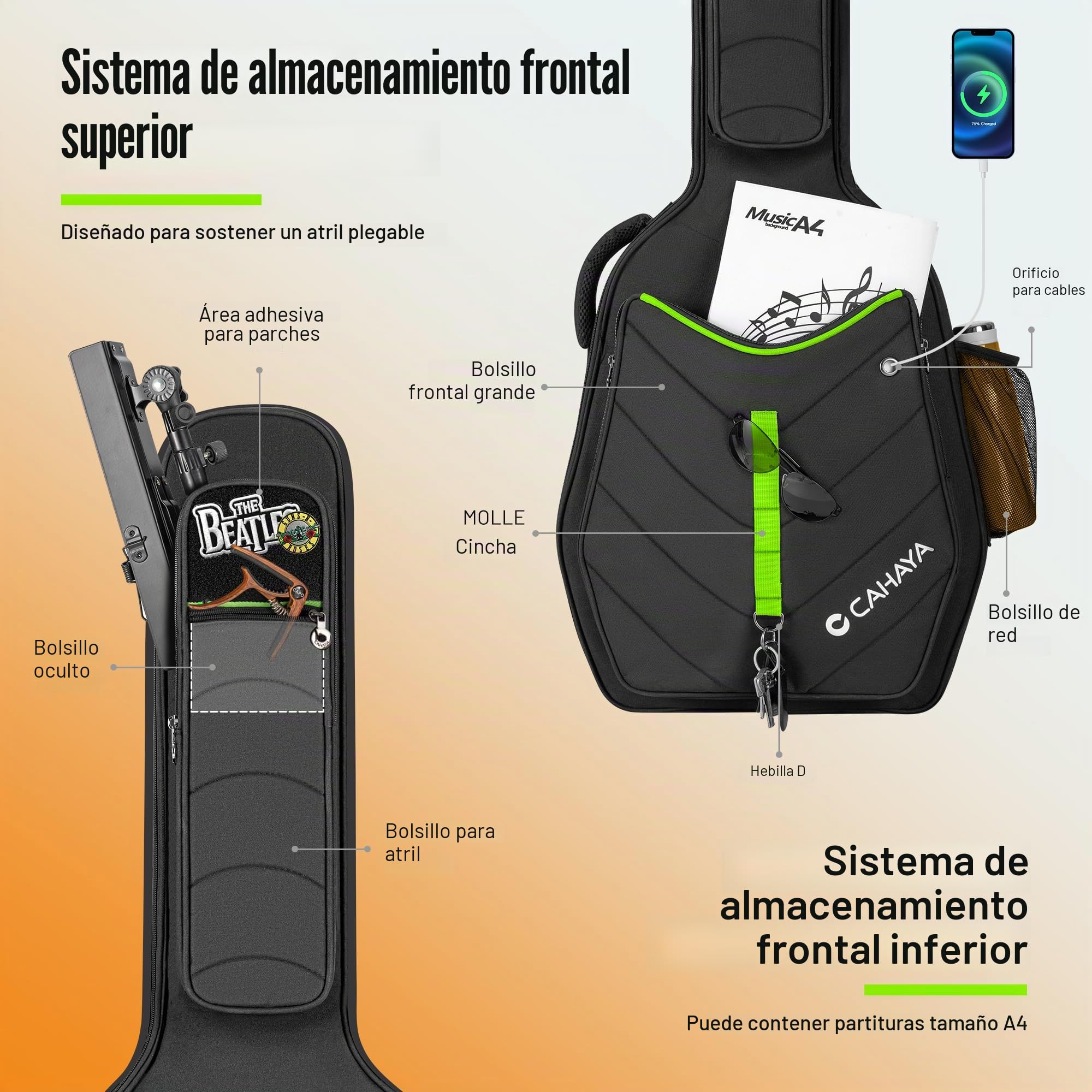 CAHAYA Funda para Guitarra Acústica - Bolsa Suave con Parche Adhesivo Personalizable Bolsillo Lateral para Botella de Agua Acolchado de 12 mm Material Resistente al Agua para 40 41 42 Pulgadas