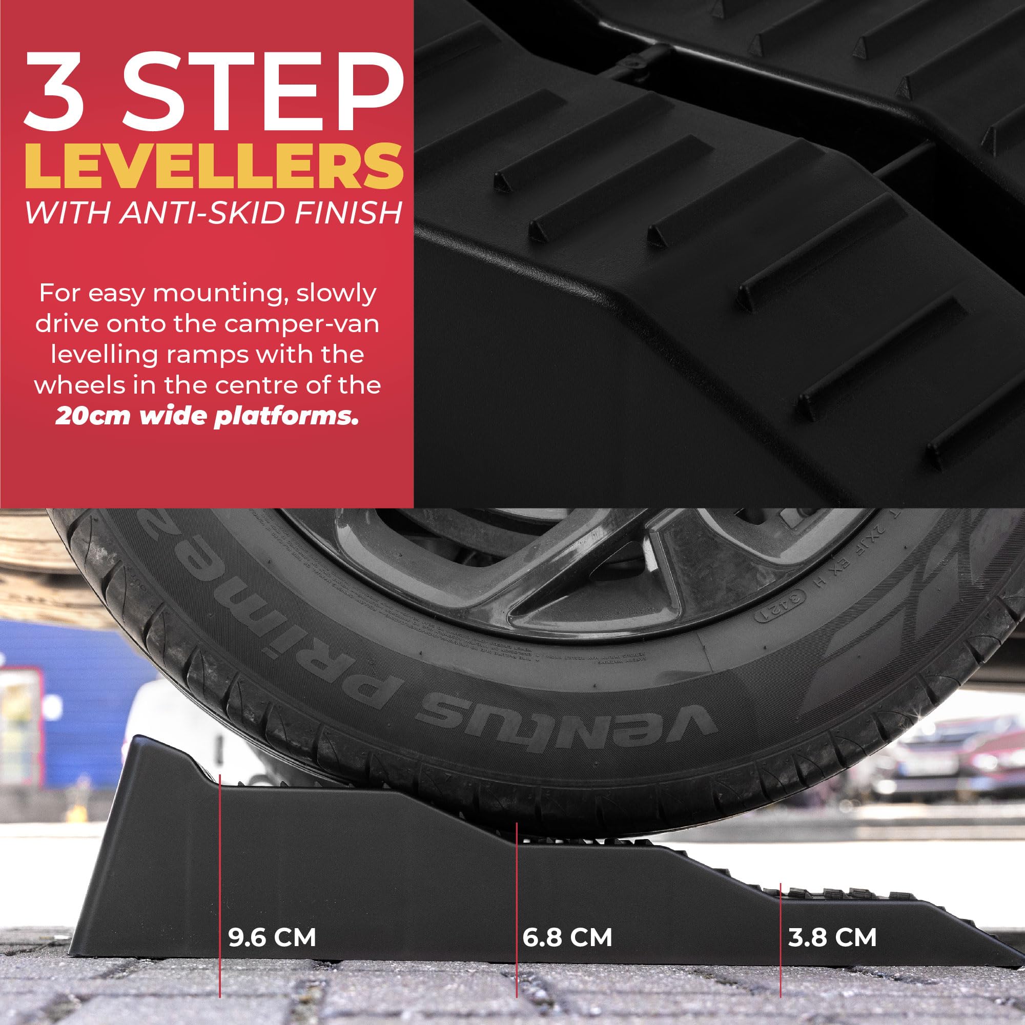 GADLANE Set de Rampes de Nivellement pour Caravane - 3 Niveaux, Antidérapant, UV-Résistant, Capacité 4.5-5 Tonnes, Idéal pour Cale Camping Car, Cales pour Camping-Car, Calle Camping-Car - Noir