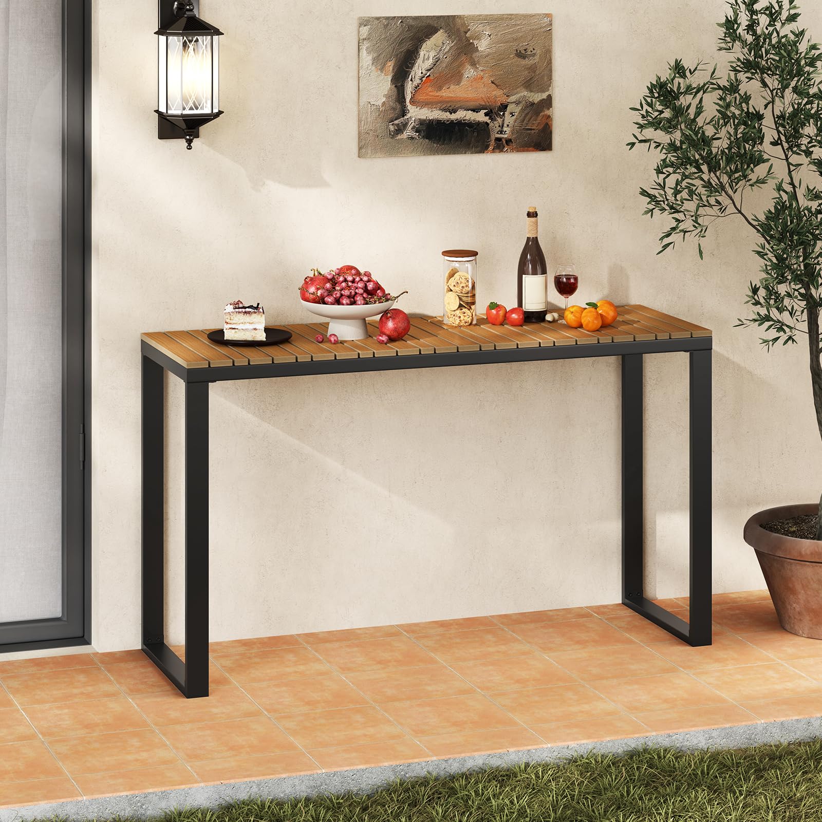 COSTWAY Tavolo Consolle da Esterno Stretto, 129x42x75 cm, Tavolo da Balcone in WPC Impermeabile con Struttura Metallica, Portata 60 kg per Terrazzo, Giardino e Ingresso, Portata 60 kg