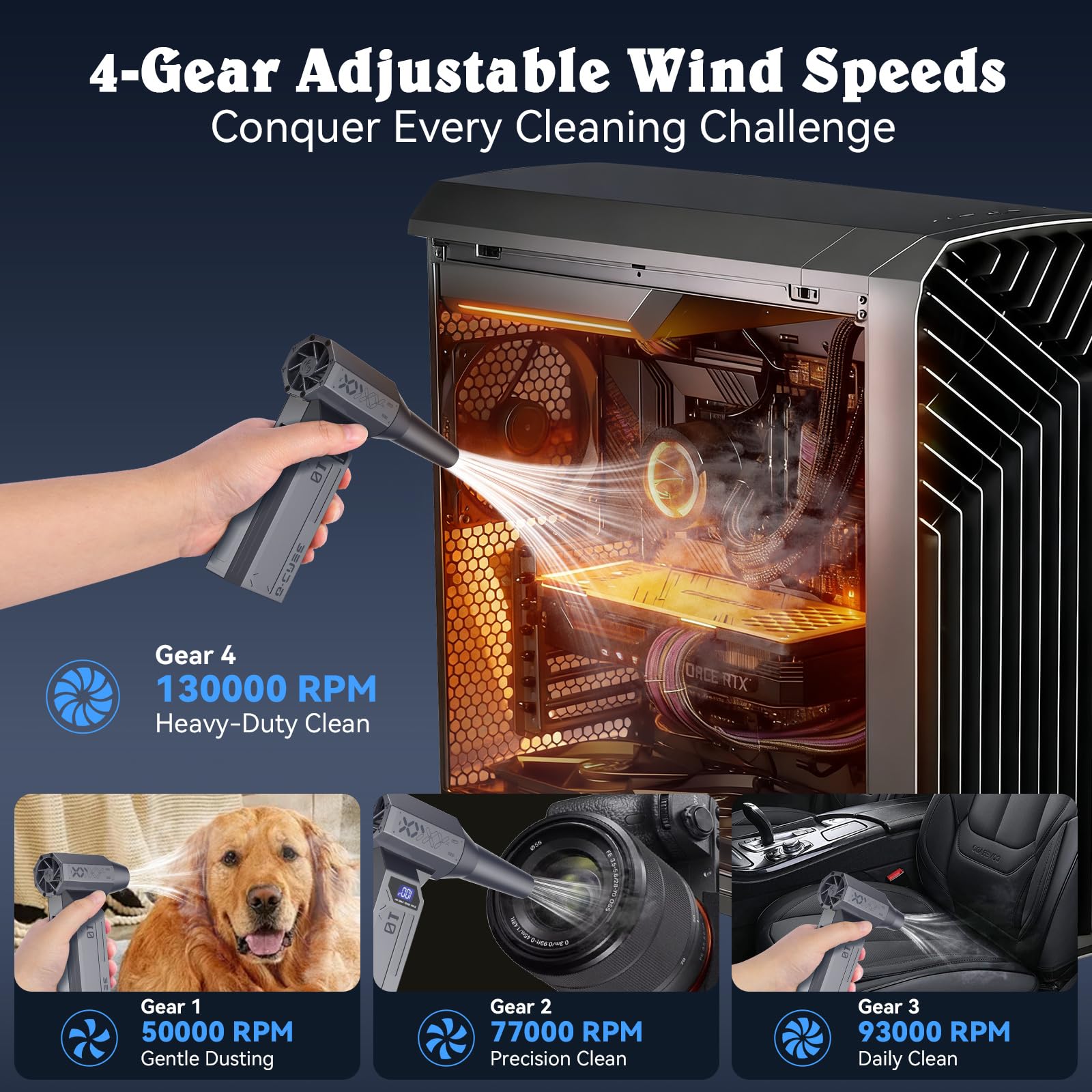 Soffiatore Aria Compressa, 130000giri/min/140W, 230g di Pressione del Vento,4 Impostazioni di Velocità, Quattro Bocchini,Display LED, per la Pulizia di Computer, Tastiere, Automobili e Divani