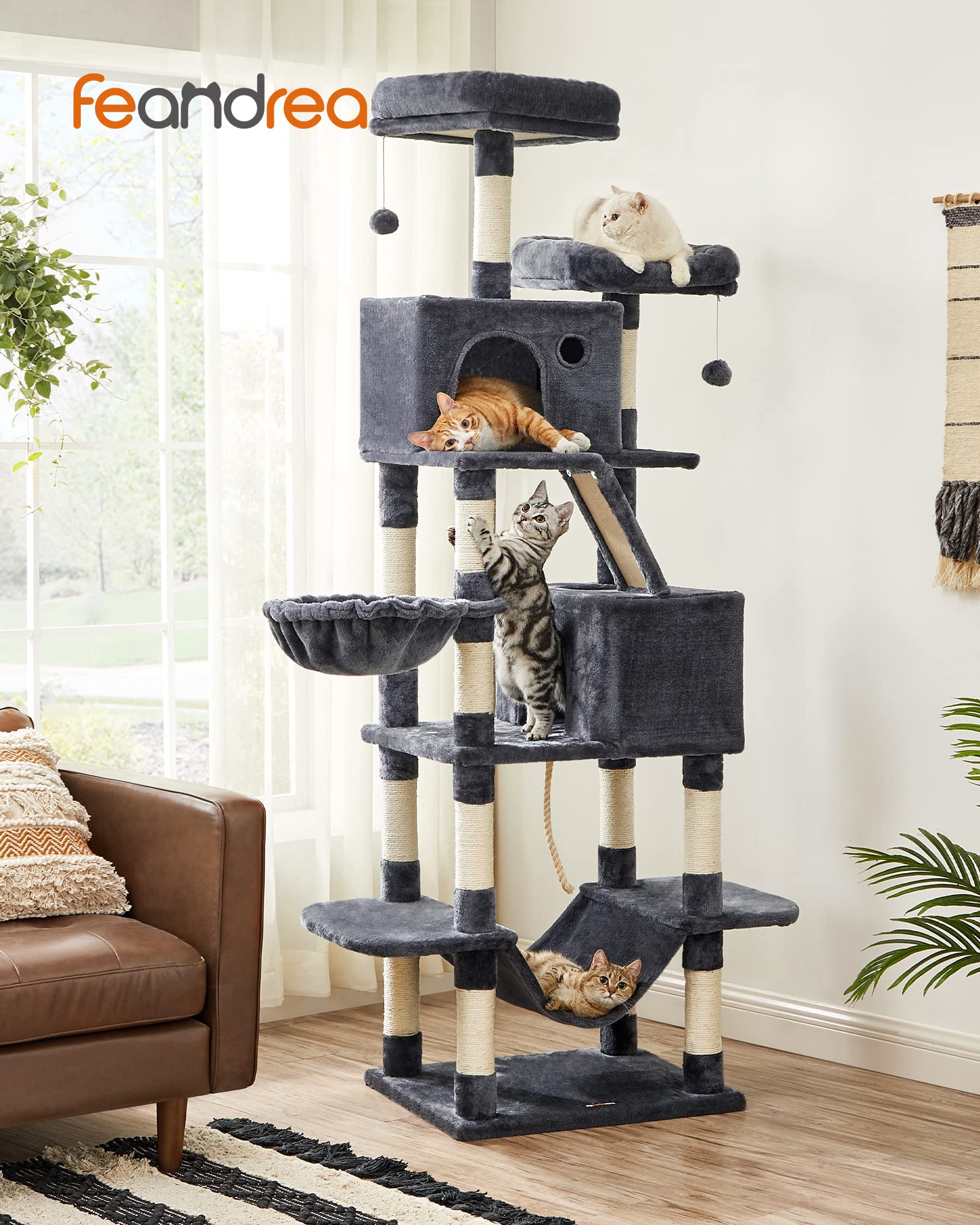 FEANDREA Cat Tree, XL Cat Tower, 81.1-Inch Tall Cat Condo with Hammock, Basket, Scratching Posts, 2 Cat Caves, 2 Plush Perches, Cat Activity Center, Smoky Gray UPCT190G01