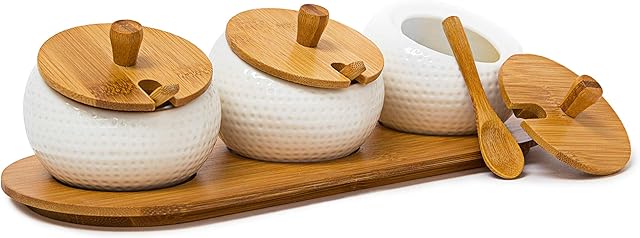 Relaxdays Jiao Jars Made of Ceramics with Bamboo Lid and Holder, Spice Storage Solution Kitchen Stand Decorative Chinese Style with Matching Spoons, Natural, Brown and White, 30.5 x 12 x 8.5 cm