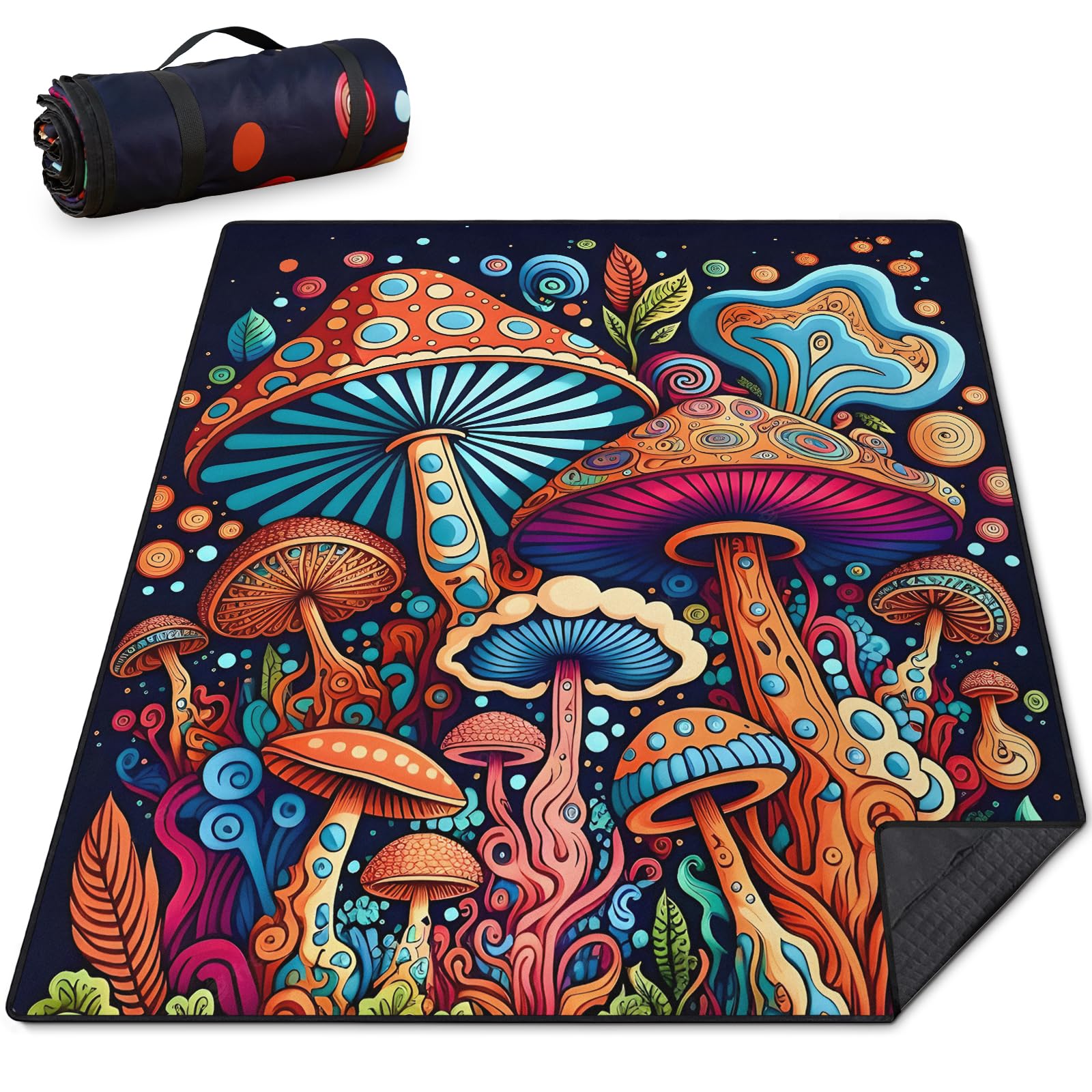 Pilz-Picknickdecke, wasserdicht, faltbar, Picknickdecke, 203,2 x 152,4 cm, Picknick-Matte, 3-lagig, dick, Outdoor, faltbare Decken, sanddicht, leicht, Stranddecken mit Riemen, maschinenwaschbar