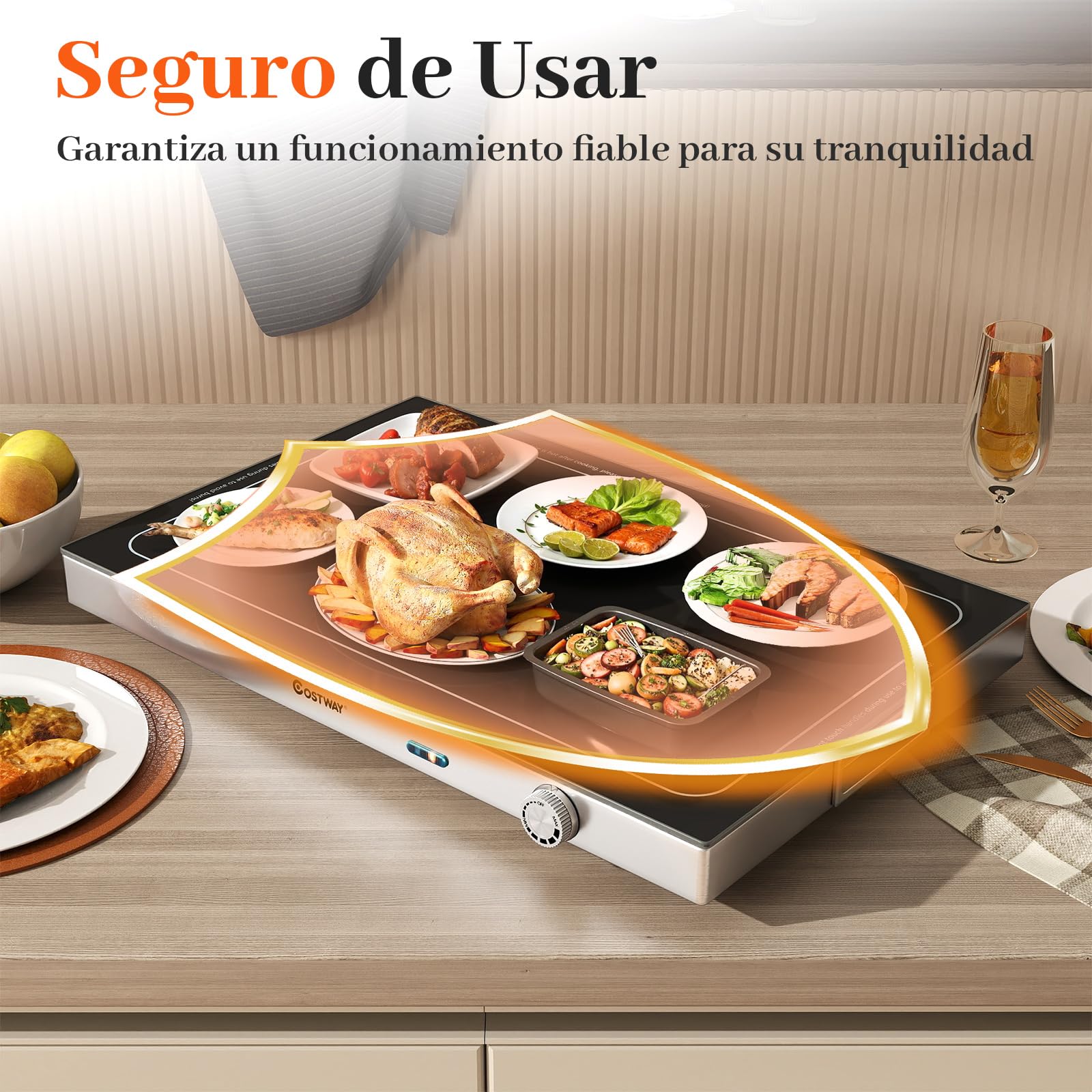 COSTWAY Bandeja Calentadora Eléctrica con Temperatura Ajustable, Calientaplatos de Vidrio Templado con Termostato para Buffets, Fiestas y Eventos