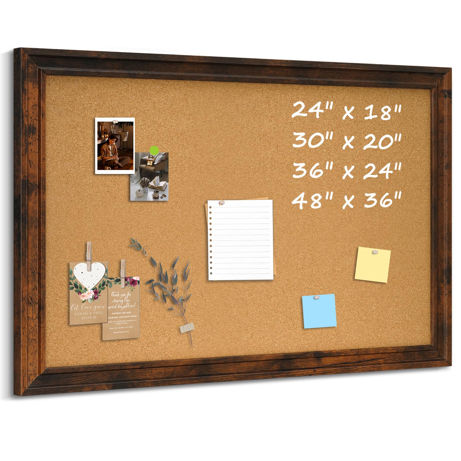 Cork Bulletin Board, 24"x18" Corkboard for Wall with Vintage Brown Wooden Frame, Hanging Pin Board for Home Office Decor, 10 Push Pins