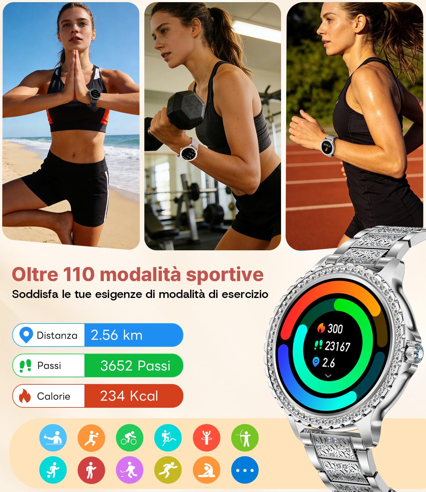 LIGE Smartwatch Donna, 1.32" Diamante Orologio Smart Watch, Argento | 500+ Quadranti, IP68 Impermeabile, Monitoraggio Sonno, Frequenza Cardiaca, 100+ Sports, Cinturino in Acciaio Inossidabile