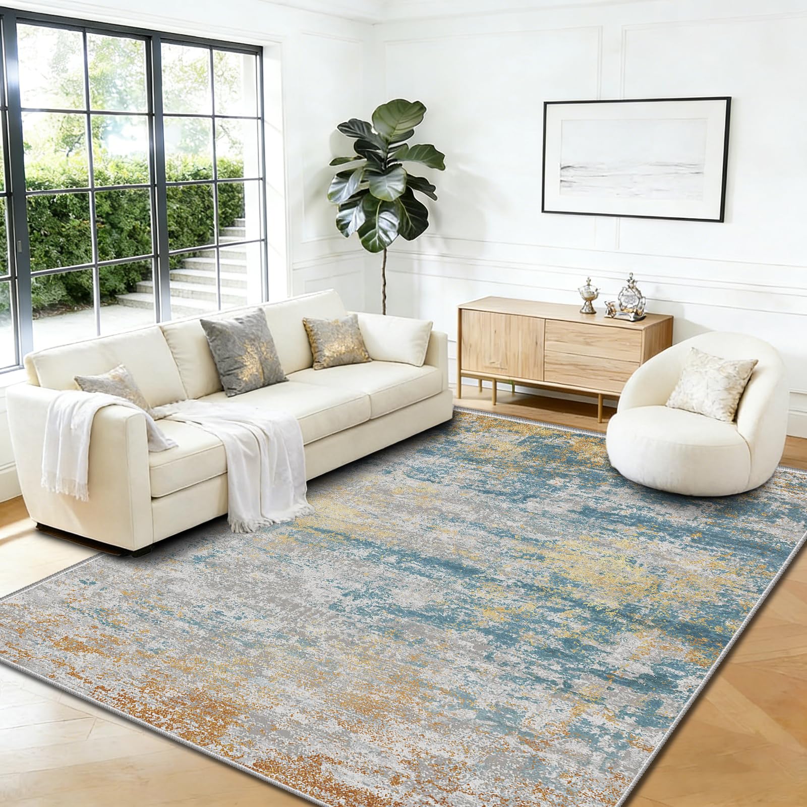 WQMMD Washable Modern Rug, 120 x 180 cm, Blue Gradient with Yellow — image 1