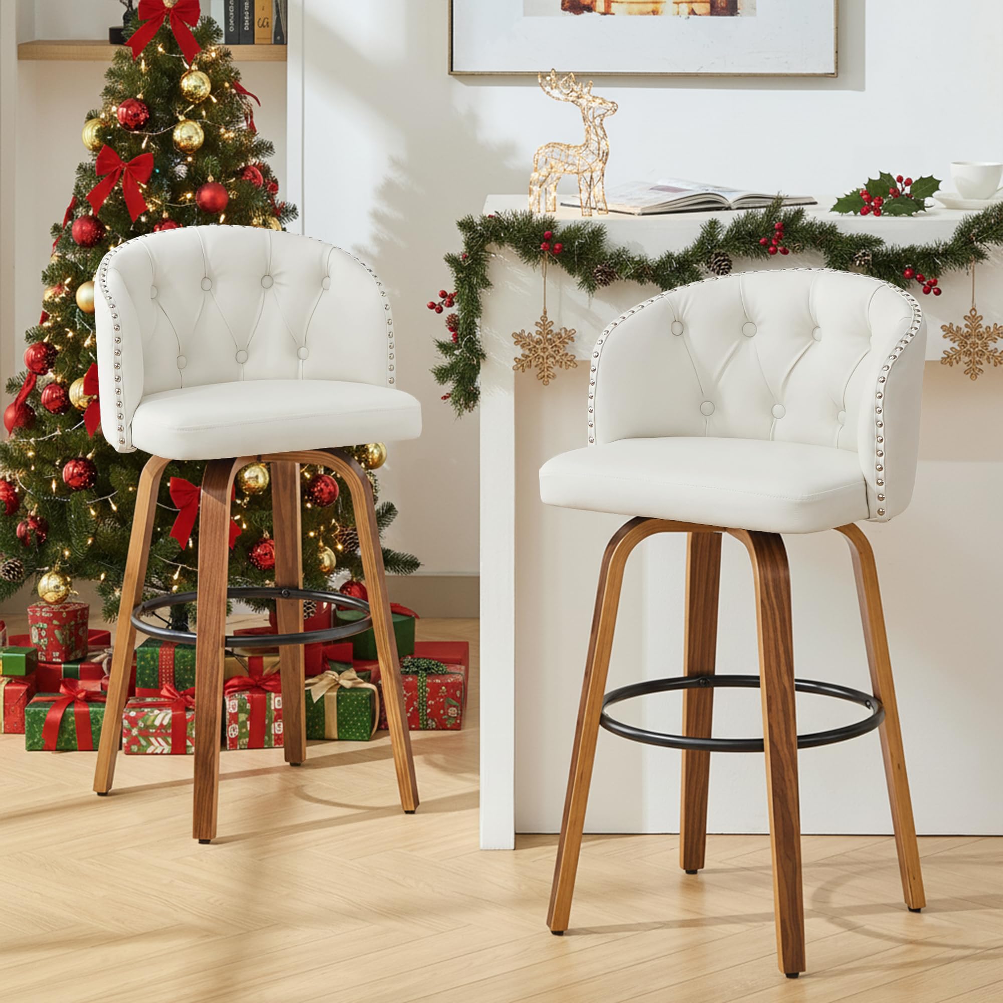 26" H Counter Height Bar Stools Set of 2，360°Swivel Bar Stools with Back,Seat Height Upholstered Counter Stools with Wood Legs and Footrest，Leather Farmhouse（Beige）