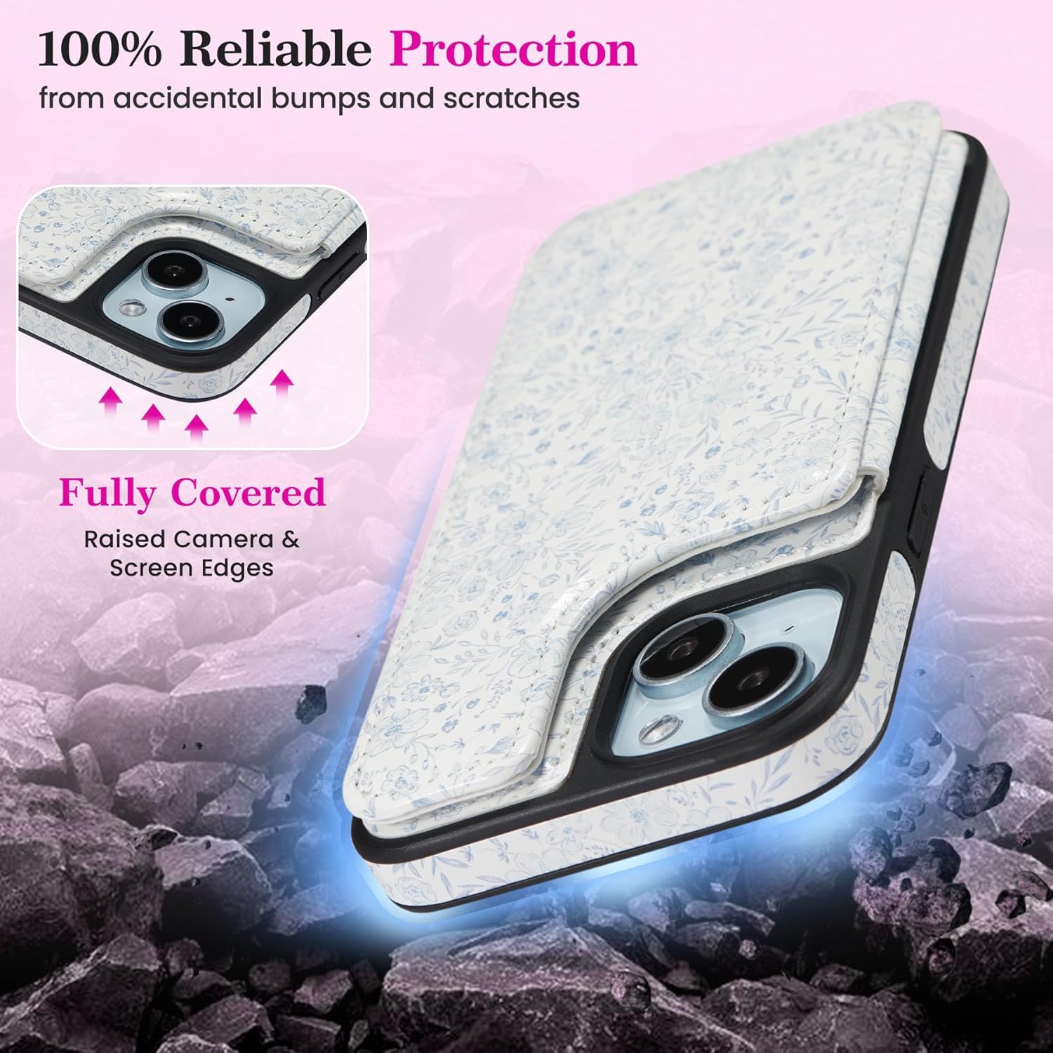 ZCDAYE for iPhone 13/iPhone 14 Wallet Case with Card Holders,PU Leather Double Magnetic Clasp Kickstand Trendy Girly Women Case for iPhone 13/iPhone 14,Blue Flowers - Image 7