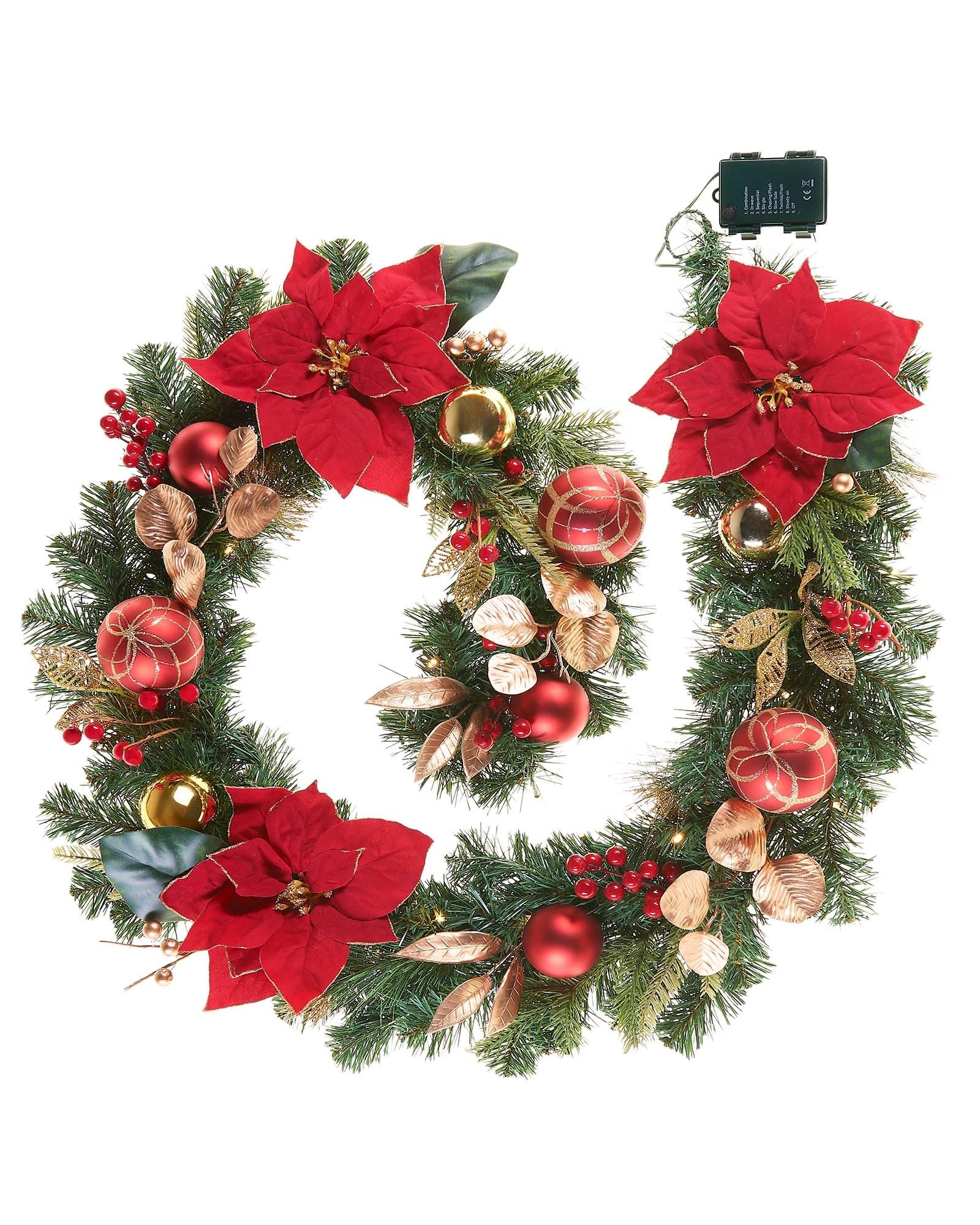 Pre-Lit Decorated Christmas Garland, Red & Gold, 6 ft – Battery Operated with 8 Light Modes and Timer