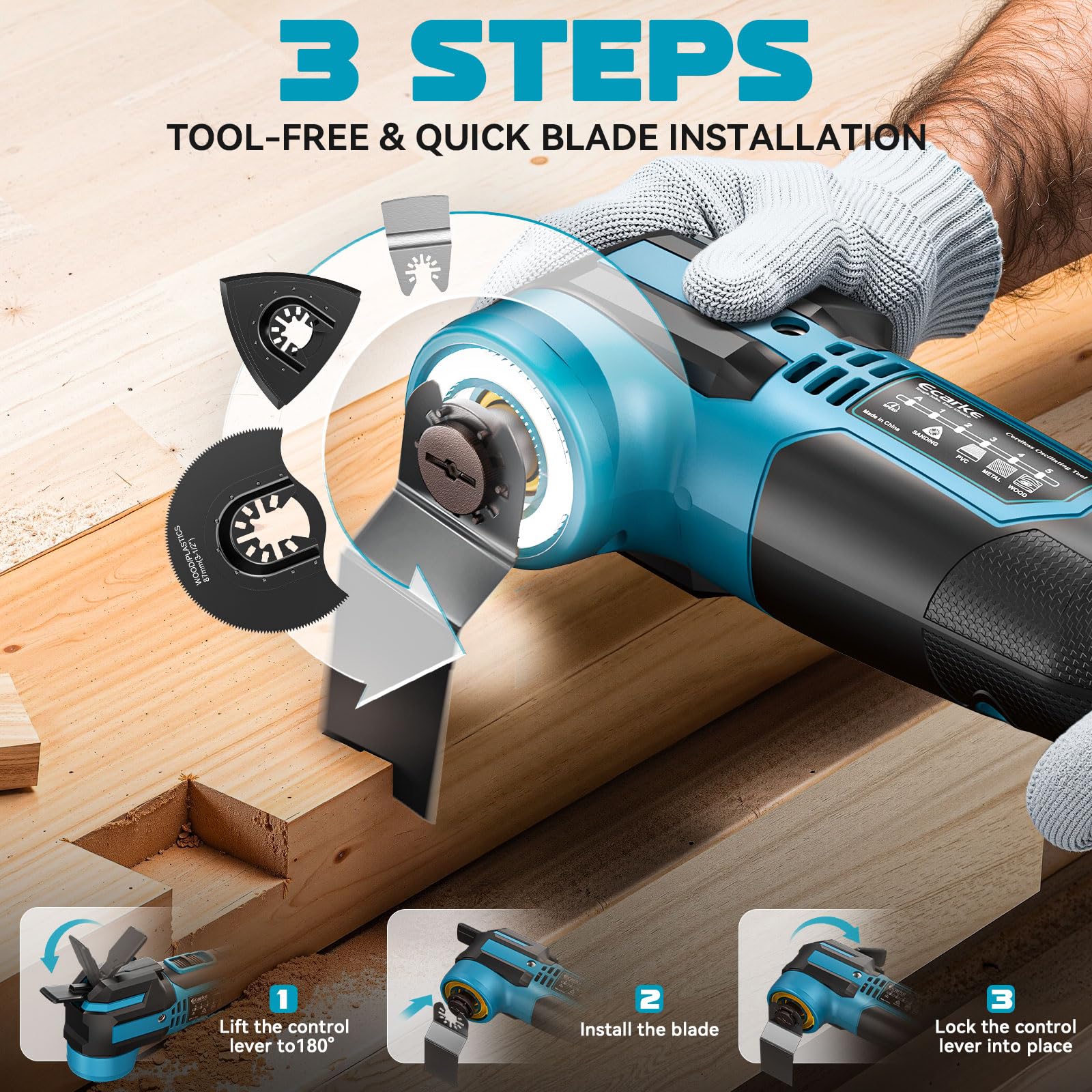 Ecarke Multifunctioneel gereedschap, draadloos oscillatiegereedschap voor Makita 18 V accu, 5 instelbare snelheden, borstelloze motor, 16 accessoires, geïntegreerd dempingssysteem, led-lichtring