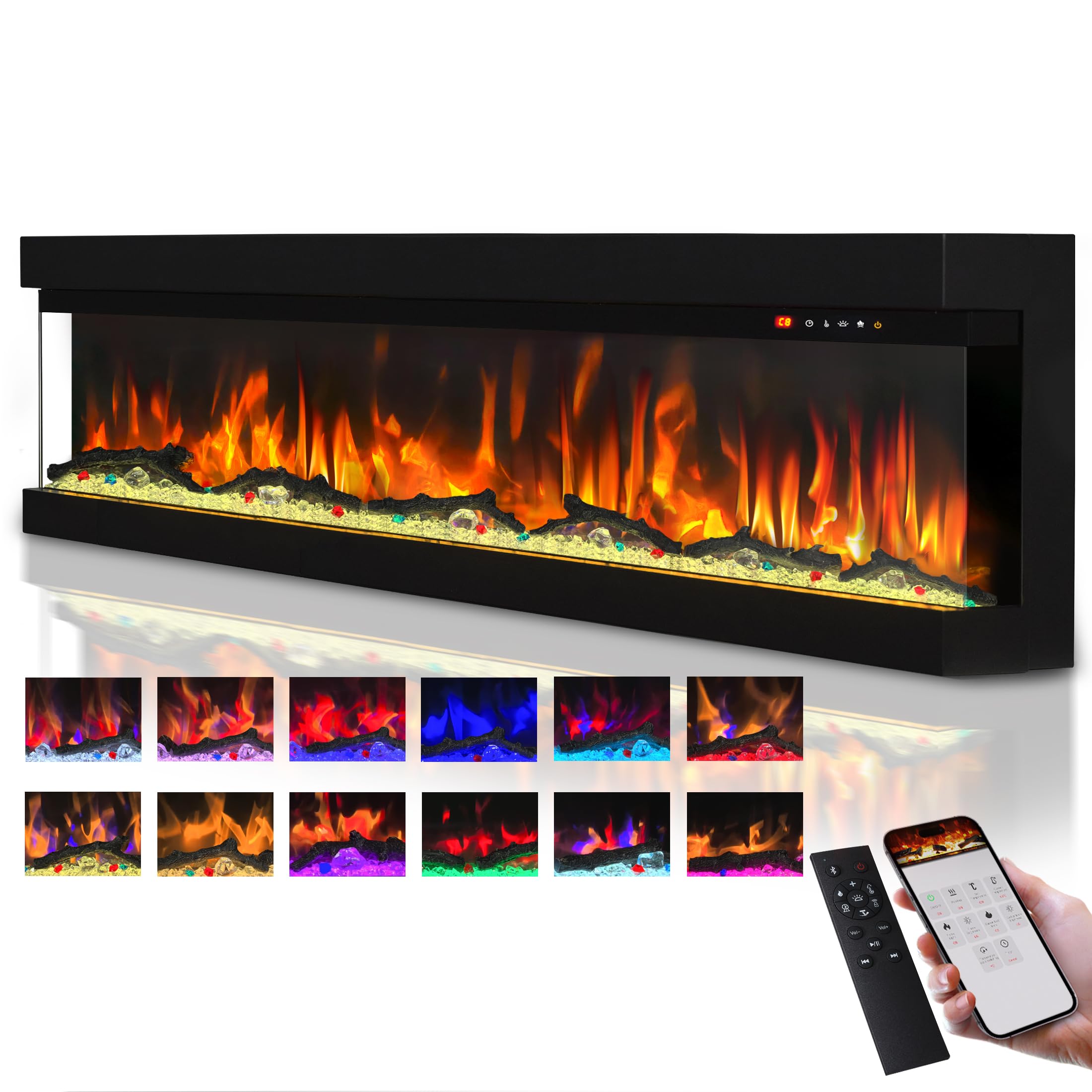 42" 3-Sided Glass Electric Fireplace with Multi-Color Flames