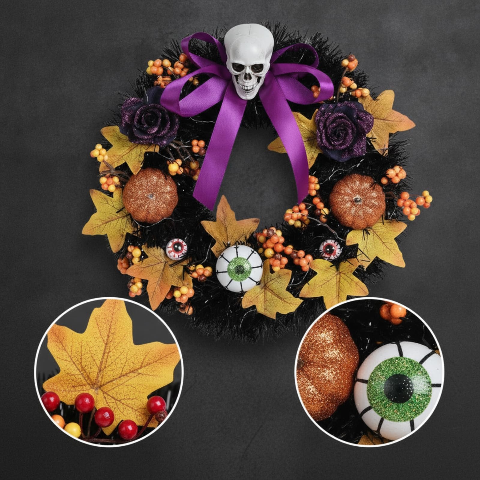 Corona de Halloween Corona Guirnalda Adorno Decoración con Texturas de Bayas Oscuras y Telarañas en Follaje Negro Adecuada para Recibidores Festivos, GH0142W
