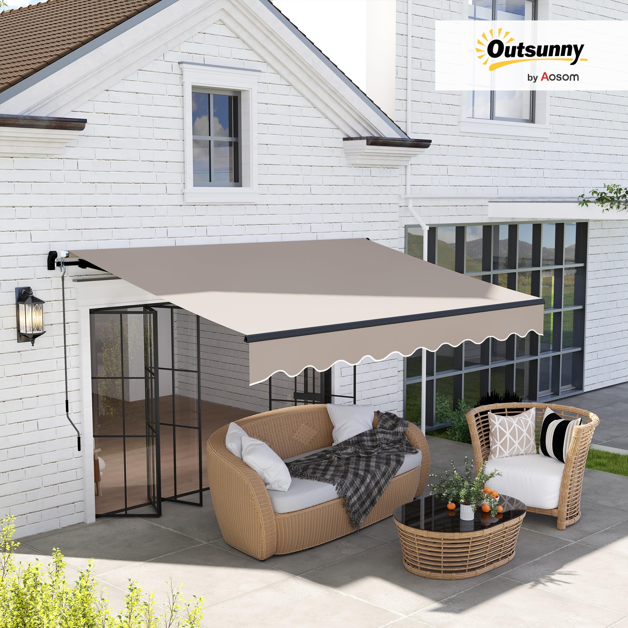 Outsunny Toldo Manual Retráctil 360x220 cm con Manivela de Aluminio Crema | 3 Brazos, Protección UV30+, Toldo Enrollable de Exterior, para Jardín Terraza Ventanas