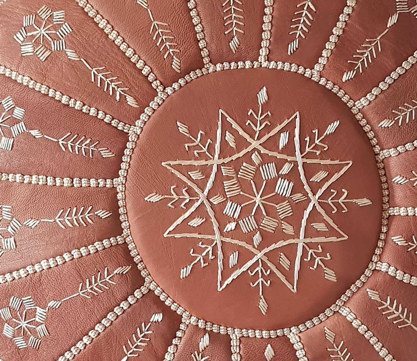 Stuffed Arch Design Moroccan Leather Pouf Ottoman, Handmade, Pre-Filled, 100% Genuine Leather, 14” Height x 22” Diameter – Boho Chic Footstool & Living Room Décor