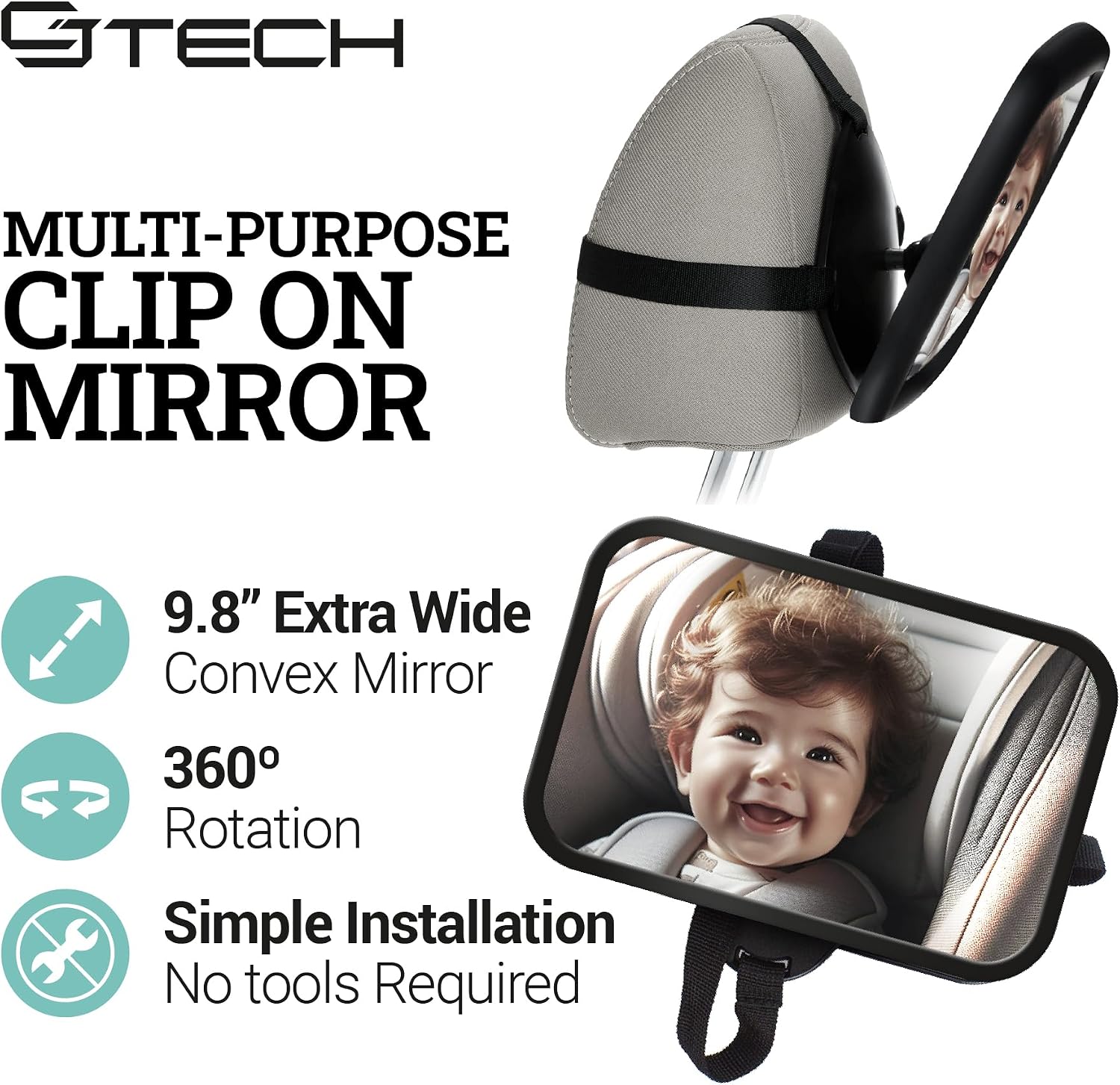 Baby Car Mirror with 360° Rotation – 9.8″ Convex Shatterproof Mirror for Baby Safety with Extra Wide & Clear View – car seat mirror for baby rear facing with Adjustable Straps