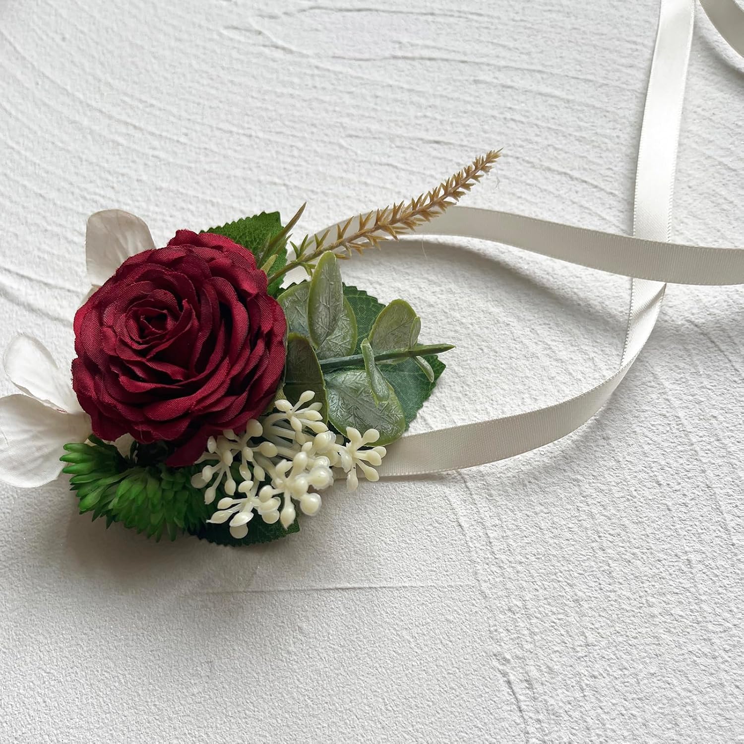 MAFELOE Artificial Wrist Corsage Boutonniere Set for Groom Bride Groomsmen Bridesmaids, Corsage Wristband Men Boutonniere Wedding Party Prom Suit Decorations - Burgundy 2Pcs - Image 9