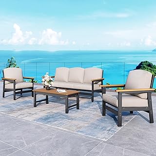 HDPE Patio Furniture Set, Modern Patio Sets with Wood-Grain Table, Outdoor Couch Set, Beige 4.7" Thick Cushions