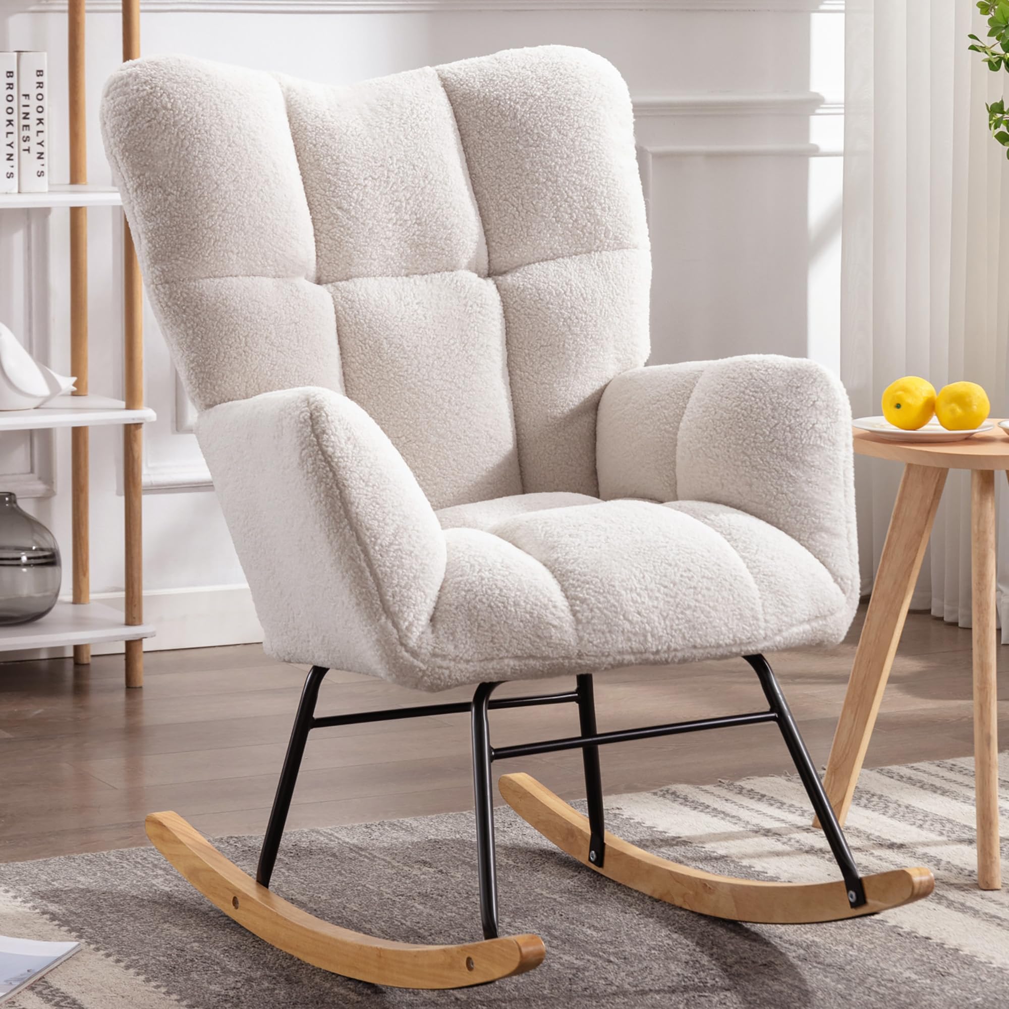 DEKKETO Nursing Rocking Chair, Teddy Glider Chair for Nursery, Comfy Living Room Armchairs with High Backrest for Adults, Ivory